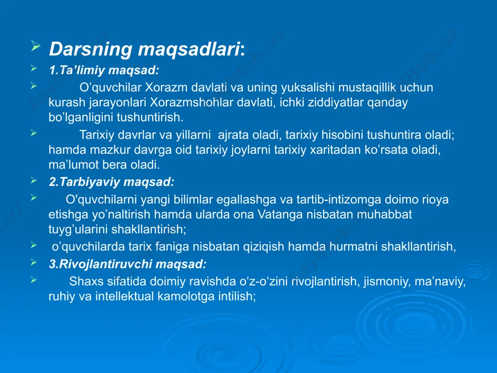ixiy voqeilikni tushunishvauni mantiqiy izchillikda tushuntira olish kompetensiyasi. tarixiy davrlar va -yillarni ajrata oladi, tarixiy hisobini tushuntira oladi; mazkur davrni o‘rganish orqali o‘quvchilar tarix fanining o‘rganilayot- gan davriga oid tarixiy atamalar mazmunini biladi; tarixiy shaxslar haqida ma’lumot bera oladi,tarixiy sanalarda ro‘y bergan voqealar haqida ma’lumot bera oladi tarixiy manba va adabiyotlar bilan ishlash kompetensiyasi. tarixiy illustrasiyalar asosida kichik hikoyalar tuza oladi, tarixiy joylarni xaritadan ko‘rsata oladi tashkiliy qism: salomlashish, davomat aniqlanadi , sinf tozaligi kuzatiladi, o`quvchilar bugunning jahonda va o`zbekistondagi siyosiy yangiliklari bilan tanishtiriladi. o`tilgan mavzuni takrorlash: o`qituvchi o`tilgan darsni uyga vazifasini tekshiradi, o`tilgan mavzuni taktotlash uchun o`quvchilargasavollaryozilgankartochkalartarqatiladi. 1.qoraxoniylar davrida qishloq xo`jaligidagi ahvol qanday edi? 2.iqto qanday yer egaligi shakli? 3.qoraxoniylar davrida savdo-sotiq qanday bo`lgan? 4.qoraxoniylar davrida hunarmandchilik qanday bo`lgan? faol o`quvhilar baholanib boradilar. reja : 1.ma’muniylar davrida xorazm. 2.mustaqillik uchun kurash. 3.xorazmshohlar davlatining tashkil topishi. 4.davlat hududining kengayishi. 5.ichki ziddiyatlar. yangi mavzu bayoni: 995-yilda gurganch miri ma’mun ibn muhammad …