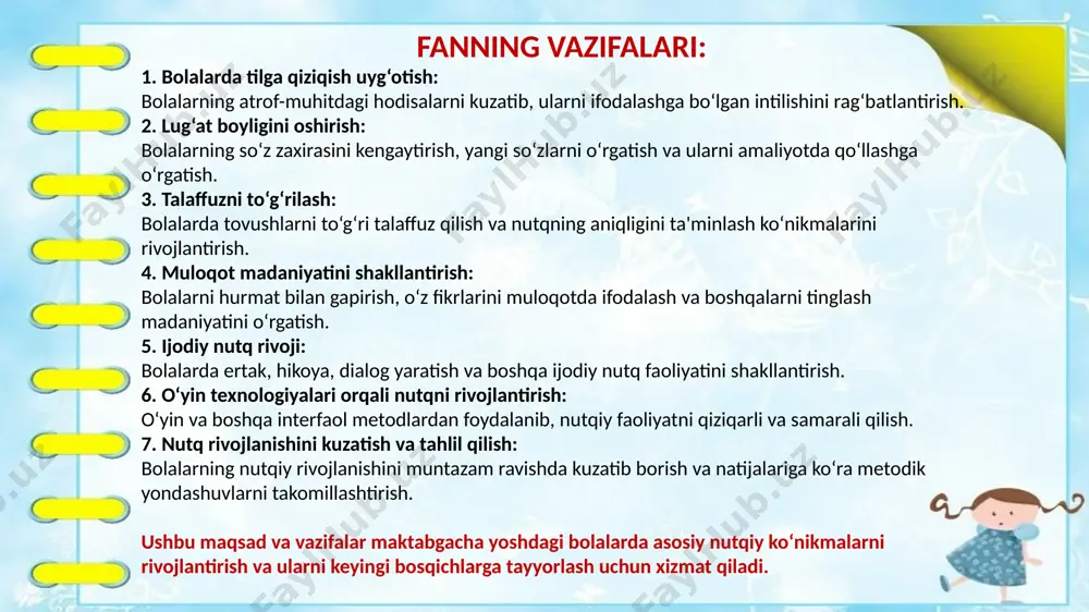 tlantirish.bolalarda ijodiy nutqni rivojlantirish uchun mantiqiy hikoyalar va dialoglar tashkil etish. 5. talaffuzni to‘g‘rilash har bir tovushni aniq va to‘g‘ri talaffuz qilishga o‘rgatish.artikulyatsiya mashqlari yordamida talaffuz qiyinchiliklarini bartaraf etish.nutq buzilishlarini oldini olish bo‘yicha maxsus mashg‘ulotlar o‘tkazish. 6. she’r va qo‘shiqlar orqali nutqni rivojlantirish she’r yodlash va ifodali o‘qish orqali bolalarda eshitish va nutq ko‘nikmalarini rivojlantirish. qo‘shiqlar va musiqa yordamida talaffuzni yaxshilash va lug‘at boyligini oshirish. 7. bolalarning so‘zlashuv madaniyatini shakllantirish muloqotda hurmatli bo‘lishni, boshqalarni tinglash va to‘g‘ri gapirishni o‘rgatish. o‘z fikrini ravon, izchil va ta’sirli tarzda ifodalashga ko‘maklashish. faoliyat shakllari: suhbat: bolalar bilan jonli muloqot orqali yangi bilimlarni o‘zlashtirish. o‘yinlar: didaktik o‘yinlar orqali nutqni mustahkamlash. tasviriy vositalar: rasmlar, o‘yinchoqlar, mavzuli kartochkalar yordamida mashg‘ulotlarni jonlantirish. interfaol usullar: rolli o‘yinlar, ertak sahnalashtirish, savol-javob mashqlari. ilk qadam dasturining mazmuni maktabgacha yoshdagi bolalar nutqini barcha jihatlarda rivojlantirishga, ularning muloqotga tayyor bo‘lishini ta’minlashga va keyingi ta’lim bosqichlariga mos ravishda tayyorlashga xizmat qiladi. e’tiboringiz uchun rahmat! …