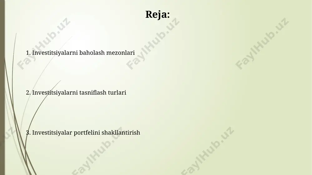 portfel, 60/40 qoida asosida, 60% aktsiyalar va 40% obligatsiyalar bo'lishi mumkin, bu o'rtacha daromadlilik va o'rtacha xavf darajasini ta'minlaydi. diversifikatsiya, 10 ta turli kompaniyaning aktsiyalariga investitsiya qilish orqali, bitta kompaniyaning yomon ishlashi tufayli kelib chiqadigan yo'qotishlarni minimallashtiradi va umumiy rentabellikni oshiradi. investitsiyalarni tasniflashning asosiy turlari investitsiya daromadlari turi bo'yicha (dividendlar, foizlar, kapital o'sishi) tasniflash investorlarning xavf toleransi va investitsiya maqsadlarini aniqlashga yordam beradi. investitsiyalarni ularning muddatiga (qisqa muddatli – 1 yildan kam, o'rta muddatli – 1-5 yil, uzoq muddatli – 5 yildan ko'p) qarab tasniflash investitsiya strategiyasini aniqlashda muhim ahamiyat kasb etadi. moliyaviy bozorlar va ularning investitsiya turlari aksiyalar va obligatsiyalar kapital bozorining asosiy investitsiya vositalari hisoblanadi, ularning rentabelligi va xavfi farq qiladi. masalan, yuqori rentabellikka ega aksiyalar yuqori xavf bilan bog'liq bo'lishi mumkin, obligatsiyalar esa nisbatan past xavfga ega. moliyaviy bozorlar 3 asosiy toifaga: pul bozori (qisqa muddatli investitsiyalar, 1 yildan kam), kapital bozori (uzoq muddatli investitsiyalar, 1 yildan …