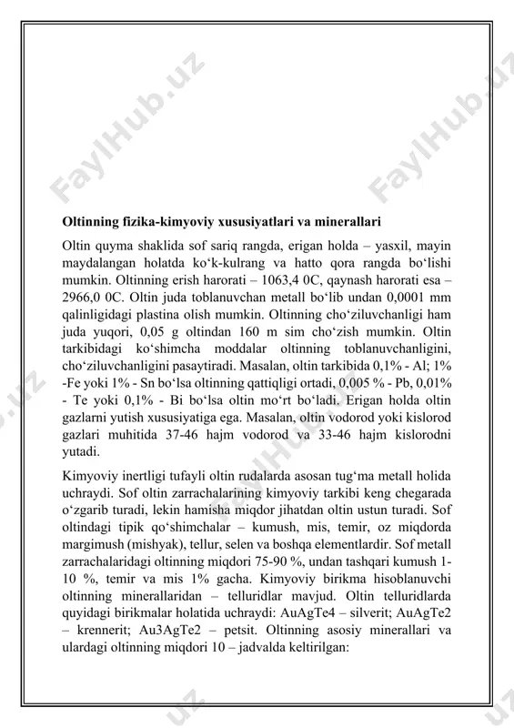 boy cho‘kma hisoblanadi. bu mahsulotlarni keyingi qayta ishlanishi maxsus affinaj zavodlarida yuqori tozalikdagi oltin olish bilan amalga oshiriladi. oltin saqlagan rudalarni qayta ishlashga tayyorlash bu jarayonlarning asosiy maqsadi rudalar tarkibidagi oltinning yuzasini, boyitish yoki gidrometallurgik usulda ajratib olish jarayonlari uchun ochishdir. maydalash va yanchish jarayoni, barcha sarf xarajatning 50% ini tashkil etadigan og‘ir va murakkab ishdir oltin va kumush zarrasi – ochilib, uni gidrometallurgiya usulida eritib, kimyoviy ajratib olishga yaroqli holda qoldirish maqsadga muvofiqdir. tabiatda yirik oltin zarralari bilan, bir qatorda o‘ta mayda oltin zarralari mavjud. shu boisdan rudalarni 0,4 mm dan 0,074mm gacha maydalash lozim bo‘ladi. ko‘pincha rudaning maydalash darajasini, shu ruda tarkibidagi halaqit beruvchi moddalarning borligi belgilaydi.odatda rudalar yirik, o‘rta va kichik o‘lchamda maydalash bilan bosqichma- bosqich amalga oshiriladi. bunda har bir maydalashdan so‘ng orada g‘alvirlash jarayoni qo‘yiladi. maydalash uchun konusli, jag‘li, qiska konusli maydalash mashinalari (drobilkalar)ishlatiladi a- konusli maydalash mashinasining ko‘rinishi, b – jag‘li maydalash mashinasining tuzilishi …