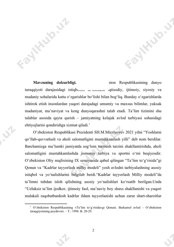 i mustahkamlash yilli” deb nom berdilar. barchamizga ma’lumki jamiyatda sog‘lom turmush tarzini shakllantirishda, aholi salomatligini mustahkamlashda jismoniy tarbiya va sportni o‘rni beqiyosdir. o‘zbekiston oliy majlisining ix sessiyasida qabul qilingan “ta’lim to‘g‘risida”gi qonun va “kadrlar tayyorlash milliy modeli” yosh avlodni tarbiyalashning asosiy istiqbol va yo‘nalishlarini belgilab berdi.“kadrlar tayyorlash milliy modeli”da ta’limni tubdan isloh qilishning asosiy yo‘nalishlari ko‘rsatib berilgan.unda “uzluksiz ta’lim ijodkor, ijtimoiy faol, ma’naviy boy shaxs shakllanishi va yuqori malakali raqobatbardosh kadrlar ildam tayyorlanishi uchun zarur shart-sharoitlar yaratiladi” - deb ko‘rsatilgan. shuningdek, dasturda: “ta’lim berishning ilg‘or pedagogik texnologiyalarini, zamonaviy o‘quv - uslubiy majmualarni yaratish va o‘quv-tarbiya jarayonini didaktik jihatdan ta’minlash umumiy o‘rta ta’limning asosiy vazifalaridan biri sifatida belgilangan. darhaqiqat, ilg‘or pedagogik texnologiyalar ta’lim jarayonini unumdorligini oshiradi, o‘quvchilarning mustaqil fikrlash jarayonini shakllantiradi, o‘quvchilarda bilimga ishtiyoq va qiziqishni oshiradi, bilimlarni mustahkam o‘zlashtirish, ulardan amaliyotda erkin foydalanish ko‘nikma va malakalarini shakllantiradi. pedagogik texnologiyaga asoslangan ta’lim jarayonida o‘qituvchi faoliyati va o‘quvchi faoliyati doirasi aniq belgilanadi, …