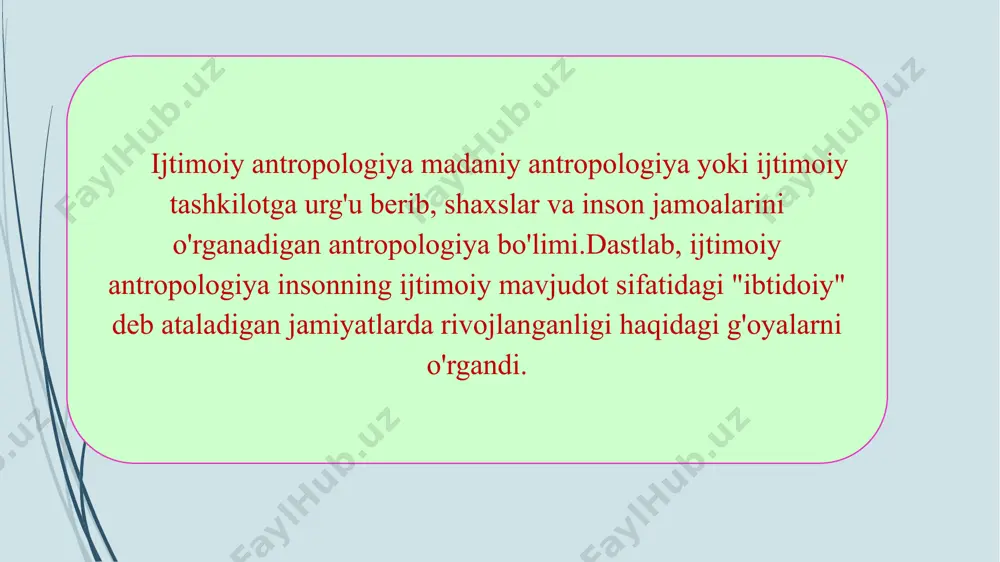 ullardan, xususan, mahalliy iqtisodiyot, demografiya, inson ekologiyasi, idrok, kasalliklar va salomatlik kabi mavzularga taalluqli tadqiqotlardan keng foydalanadilar. 1. tarixiy arxeologiya : arxeologiya tarixiy davrni o‘rganish demakdir. shu sababli bu tarixiy fakt qoldiqlarini o‘rganadi. arxeologiya tarixining yozilmagan qirralarini kashf etadi. arheologik qazishmalar davomida topilgan faktlar va buyumlar bizga insoniyatning madaniy hayoti borasidagi tassavurlarimizni boyitishga yordam beradi. madaniy yutuqlarni aniqlash va ularning tarqalish yo‘nalishlarini ham aynan arxeologiya orqali tadqiq etish mumkin. 2. ijtimoiy antropologiya: ijtimoiy antropologiya termini nomidan kelib chiqib turibdiki, ijtimoiy tashkilotlar va ijtimoiy insitutlarni yuzaga kelishini tadqiq qilish demakdir. antropolog olim fertning qayd etishicha, “ijtimoiy atropologiyaning asosiy yo‘nalishlaridan biri ijtimoiy jarayonlarni taqqoslash bo‘lishi lozim” madaniy antropologiya ikki turga bo‘lib tasniflanadi: ijtimoiy antropologiya ijtimoiy antropologiya antropologiyaning muhim bir yo‘nalishi hisoblanadi. ijtimoiy antropologiya boshqa yo‘nalishlardan farqli ravishda insoniyat hayotini ijtimoiy jihatdan tahlil etib berishi bilan farqlanadi. ijtimoiy antropologiyani olimlar quyidagicha ta’riflaydilar: 1. piddingtonga ko‘ra: “ijtimoiy antropologiya ibtidoiy jamiyatlardagi madaniyatni o‘rganadi” ijtimoiy antropologiyaga …