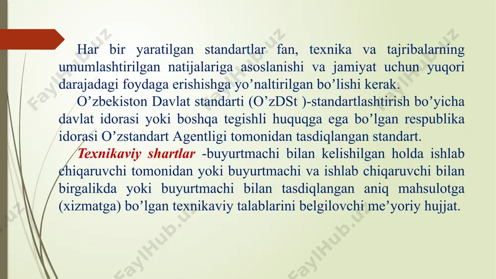 ya qilish, kishilar sogʼligi va hayot xavfsizligini taʼminlash, tabiatni muhofaza qilish; - fan va texnikaning rivojlantirilishi bilan aholi va xalq xoʼjaligining ehtiyojlariga muvofiq ravishda mahsulot sifatini oshirish; - mahsulotning bir-biriga mosligi va oʼzaro almashinuvchanligini taʼminlash; - kishilar moddiy resurslarining tejalishiga, iqtisodiy koʼrsatkichlarniig yaxshilanishiga koʼmaklashish; -savdoda texnikaviy toʼsiqlarni bartaraf qilinishiga, jahon bozorida raqobat qilish qobiliyatining taʼminlanishiga erishish; - tabiiy va texnologik halokatlari va boshqa favqulodda vaziyatlar roʼy berishini hisobga olgan holda xalq xoʼjaligi obʼektlarining xavfsizligini taʼminlashdir. standartlashtirish vazifalari. standartlashtirishning asosiy vazifalari quyidagilardan iborat: - isteʼmolchi va davlatning manfaati yoʼlida mahsulotning sifati va nomlariga nisbatan eng maqbul talablarni qoʼyishdan; - davlat, respublika fuqarolari va chet el ehtiyoji uchun tayyorlangan mahsulotga, kerakli talablarni belgilovchi meʼyoriy hujjatlar tizimini va uni ishlab chiqish qoidalarini yaratish, ishlab chiqish va qoʼllash, shuningdek hujjatlardan foydalanishini nazorat qilish; - standart talablarining sanoati rivojlangan chet mamlakatlarning xalqaro, mintaqaviy va milliy standartlari talablari bilan uygʼunlashuvini taʼminlash; - bir-biriga moslikning barcha (konstruktiv, …