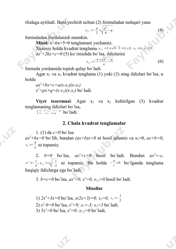 x5+32=0 8) x4+81=0 126. quyidagi uch hadli tenglamalarni yeching: 1) x4+5x2-36=0 5) x4+3x2-18=0 2) x4-8x2-9=0 6) x4+4x2-32=0 3) x4-x2-6=0 7) x4+x2-1=0 4) x4+2x2-15=0 8) x4-2x2+4=0. 127. 1) ildizlari 1-2i, 2-i bo`lgan haqiqiy koeffitsiyenti to`rtinchi darajali tenglamani tuzing. 2) ildizlari 1, 1-2i, 2-i bo`lgan haqiqiy koeffitsiyenti beshinchi darajali tenglamani tuzing. javoblar: 12 2) x1=-2, 4) k=0,1,2,3,4; 6) 8) . 126. 2) 3; i; 4) 6) 127. 2) x5-7x4+24x3-48x2+55x-25=0. adabiyotlar 1. alimov sh. a. va boshqalar. algebra va analiz asoslari, o`rta maktabning 10-11 sinflari uchun darslik. toshkent, “o`qituvchi”, 1996- yil va keyingi nashrlari. 2. kolmogorov a. n. tahriri ostida. algebra va analiz asoslari. 10-11 sinflar uchun darslik. toshkent, “o`qituvchi”, 1992-yil. 3. vafoyev r. h. va boshqalar. algebra va analiz asoslari. akademik litsey va kasb-hunar kollejlari uchun o`quv qo`llanma. toshkent, “o`qituvchi”, 2001-yil. 4. abduhamidov a. u. va boshqalar. algebra va analiz asoslari. akademik litsey va kasb-hunar kollejlari uchun sinov darsligi. toshkent, “o`qituvchi”, 2001 …