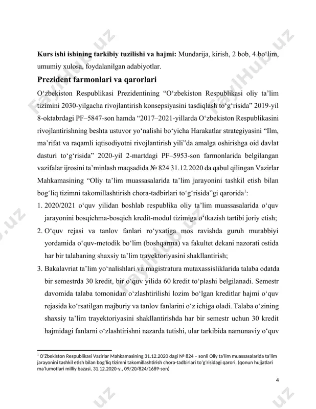 kredit-modul tizimiga o‘tkazish tartibi joriy etish; 2. o‘quv rejasi va tanlov fanlari ro‘yxatiga mos ravishda guruh murabbiyi yordamida o‘quv-metodik bo‘lim (boshqarma) va fakultet dekani nazorati ostida har bir talabaning shaxsiy ta’lim trayektoriyasini shakllantirish; 3. bakalavriat ta’lim yo‘nalishlari va magistratura mutaxassisliklarida talaba odatda bir semestrda 30 kredit, bir o‘quv yilida 60 kredit to‘plashi belgilanadi. semestr davomida talaba tomonidan o‘zlashtirilishi lozim bo‘lgan kreditlar hajmi o‘quv rejasida ko‘rsatilgan majburiy va tanlov fanlarini o‘z ichiga oladi. talaba o‘zining shaxsiy ta’lim trayektoriyasini shakllantirishda har bir semestr uchun 30 kredit hajmidagi fanlarni o‘zlashtirishni nazarda tutishi, ular tarkibida namunaviy o‘quv rejasidagi majburiy fanlar bo‘lishi shart. 4. ro‘yxatga olish xizmati belgilangan jadvalga muvofiq talabalarni fanlarga ro‘yxatdan o‘tkazadi va talabaning shaxsiy ta’lim trayektoriyasini shakllantiradi. maktabgacha ta’lim tashkiloti o’z ustaviga, bank tashkilotlarida hisob raqamiga, o’zbekiston respublikasi davlat gerbi tasviri tushirilgan va o’z nomi ko’rsatilgan muhrga, yuridik manzili ko’rsatilgan shtampga ega bo’ladi. maktabgacha ta’lim tashkilotini akkreditatsiya qilish davlat vakolatli organi tomonidan …