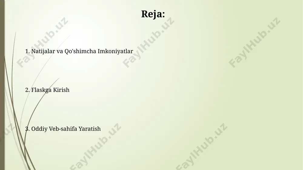 yneri ichida 512 mb dan kam bo'lmagan ram bilan sinab ko'rish tavsiya etiladi, bu ish vaqtida xatoliklarning oldini oladi. birinchi flask dasturi birinchi flask dasturini yaratish uchun kamida ikkita fayl – python skripti va html shabloni kerak bo'ladi, ular bir-biri bilan 127.0.0.1:5000 manzili orqali bog'lanadi. flaskda "hello, world!" xabarini ekranga chiqarish uchun faqatgina 5-6 qator kod kifoya qiladi, bu esa uning soddaligini va o'rganish qulayligini ko'rsatadi. marshrutlash (routing) flaskda marshrutlash funksiyasi url manzillarini aniq python funksiyalari bilan bog'lash imkonini beradi, bu esa 2 yoki undan ortiq turli xil sahifalar yaratishga yordam beradi. http metodlarini (get, post, put, delete) qo'llab-quvvatlash orqali flask sizga turli xil veb-so'rov turlariga moslashuvchanlikni ta'minlaydi, bu esa 4 xil turdagi sahifa yaratishga imkon beradi. dinamik kontent flask yordamida yaratilgan dinamik sahifalar 3-5 sekund ichida yuklanadi, bu esa foydalanuvchi tajribasini yaxshilaydi va server yukini kamaytiradi. flaskda dinamik kontent yaratish uchun, masalan, foydalanuvchi ma'lumotlarini ko'rsatishda, 10 dan ortiq turli …