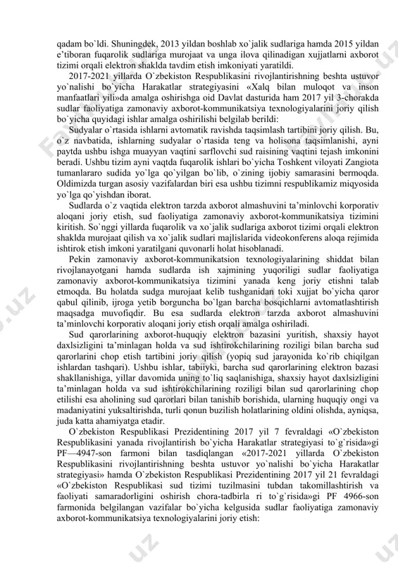 i yanada kuchaytirish maqsadida o`zbekiston respublikasi prezidentining 2004 yil 20 fevraldagi «umumiy yurisdiksiya sudlarining ayrimlarini tugatish va qayta tashkil etish to`g`risida»gi pf-3400-son farmoni qabul qilinib, umumiy yurisdiksiya sudlarining tuzilmasi, qoraqalpog`iston respublikasi fuqarolik va jinoyat ishlari bo`yicha oliy sudlari, fuqarolik va jinoyat ishlari bo`yicha viloyatlar hamda toshkent shahar sudlari, fuqarolik ishlari bo`yicha tumanlararo, tuman (shahar) sudlari, jinoyat ishlari bo`yicha tuman (shahar) sudlarining yangilangan tuzilishi tasdiqlandi. bu, o`z navbatida, kelgusida fuqarolar va tashkilotlarning buzilgan huquqlari va qonun bilan qo`riqlanadigan manfaatlarining ixtisoslashtirilgan sudlar tomonidan himoya qilinishiga, ularni odil sudlovga bo`lgan huquqlaridan foydalanishda qulayliklar yaratilishiga, sud hokimiyatining chinakam mustaqilligini ta’minlash, sudning nufuzini yanada oshirish, sud tizimini demokratlashtirish va takomillashtirishga xizmat qiladi. qisqacha aytganda, davlat dasturida nazarda tutilgan tadbirlarning amalga oshirilishi sudyalarning mustaqilligi va beg`arazligini ta’minlash barobarida fuqarolarning huquq va erkinliklari hamda ularning va yuridik shaxslarning qonuniy manfaatlarini sud tartibida himoya qilish kafolatlarini ko`chaytiradi, odil sudlovni amalga oshirishdan ko`zlangan maqsadlarga erishish imkoniyatlarini kengaytiradi. «xabeas korpus» …