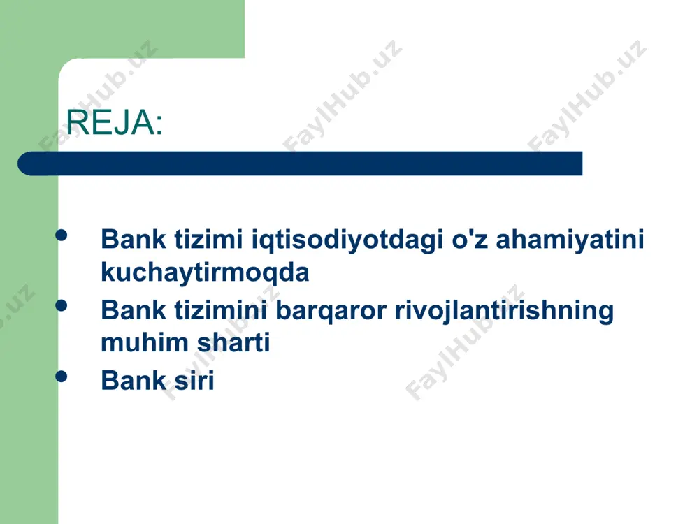 rat banklar, 3ta shaxsiy (xususiy) bank, agro bank, paxta bank, sanoat-kurilish banki, savdogarbank va boshka turdagi banklar faoliyat kursatmokdalar. shuningdek, chet el banklarining vakopatxonalari ishlamokda. iqtisodiyotning eng muxim masalalaridan biri - bu pul muomalasidir. pul muomalasi - pulning tuxtovsiz xarakati bulib, tovarlar va xizmatlar doiraviy aylanishiga xizmat kiluvchi muomala vositasi va tulov vazifasini bajarishidir. pul uzining tulovga kobillik darajasiga kura tubandagi shakllardagi pul mablaglaridan iborat: maxsus tashqilotlardagi jamgarmalar, (jamgarish) investitsiyaning maxsus kurinishlari omonat va tez fursatda kaytib olish kuzda tutilgan jamgarmalar ; banknotlar, muomaladagi tangalar, joriy xisoblardagi pul mablaglari ; образец текста второй уровень третий уровень четвертый уровень пятый уровень bank krediti - ob’ekti pul kapitalidir. bank krediti uzining muddati, maksadli berilishi va boshka koida-imtiyozlari asosida tijorat kreditidan fark kiladi. bank krediti kapital jamgarish, axoli va firmalar pul mablaglarini kapitalga aylantirish kabi bir kator vazifalarni bajaradi. tijorat krediti - bir korxonaning ikkinchi korxonaga sotilgan tovar uchun muddati kechiktirilgan tulov kurinishida …