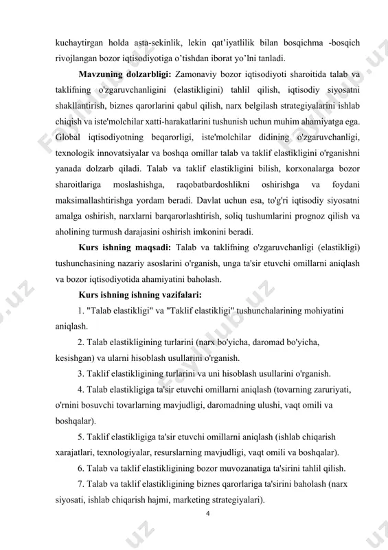 resurslar taqsimlanadi, ishlab chiqarish tarkibi shakllanadi. shuning uchun ham talab va taklifga alohida diqqat qaratish zarur. bozor mexanizmining amal qilishida talab va taklif qonunlari muhim o’rin tutadi.[footnoteref:1] [1: razzoqov a., toshmatov sh., o`rmonov n. iqtisodiy ta`limotlar tarixi. t.:”iqtisod-moliya” 2007, 320 bet.] talab va taklif narxni shakllantiradi, shu bilan birga narx talab va taklif o’rtasidagi nisbatni aniqlab beradi. talab va taklifga narxning ta’siri, talab va taklif ta’sirida muvozanatlashgan narxning o’rnatilishi tushunchalari iqtisodiyotda katta ahamiyat kasb etadi. shu o’rinda talab va taklif qonunlari, ularning miqdoriga ta’sir etuvchi omillarni, ular o’rtasidagi mutanosiblik bu borada asosiy rol o’ynaydi. hozirgi kunda iqtisodiyotni bozorsiz, hech bir davlatni bozor iqtisodiyotisiz tasavvur etib bo’lmaydi. aynan bozor iqtisodiyotning asosiy jang maydoni hisoblanadi deyish mumkin. o’z navbatida talab va taklifni bu jangdagi qurol-yaroqlarga taqqoslash mumkin. ya’ni, bozor, eng avvalo iste’molchi bilan ishlab chiqaruvchi, xaridor bilan sotuvchi o’rtasidagi ayirboshlash oldi-sotdi munosabati sifatida maydonga chiqadi. xaridorning bozordagi harakati talab, sotuvchiniki esa taklif …