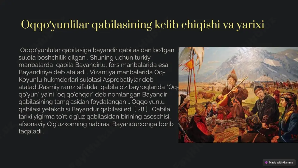 si hamza o’tirdi, lekin u ham 1444 yilda vafot etdi . shundan soʻng hokimiyat jahongir qoʻliga oʻtadi, u uzoq davom etgan harbiy toʻqnashuvlardan soʻng 1452- yilda qoraqoʻyunlu hukmdori jahonshohning syuzerinligini tan oldi . tinchlik shartnomasi jahongirning ukasi uzun-hasan ( turkcha – “uzoq hasan” ) laqabli hasandan bexabar tuzilgan, bu birodarning qadamini xiyonat deb hisoblagan. uzun hasan qoʻshin bilan ukasi jahongirga qarshi boradi, uning qoʻshinini osonlikcha yengadi, shundan soʻng qoraqoʻyunlu bilan urushni qayta boshlaydi.1467 yilda uzun hasan va jahonshoh qoʻshinlari oʻrtasida mush jangi boʻlib oʻtdi. uzun hasanning g’alabasi qoraqo’yunlu davlatining mavjudligiga chek qo’ydi va yangi davlat – oq koyunluning tug’ilishini belgilab berdi, keyinchalik unga zamonaviy ozarbayjon , shimoli-g’arbiy eron ( eron ozarbayjon ), shuningdek, ozarbayjon hududlari kirdi. 4 oqqoʻyunlilar davlatining yuksak cho'qqisiga erishgan davri 1467 yilda uzun-hasan ( 1453 - 1478 yillarda hukmronlik qilgan ) oqqo'yunlu qabilalarining boshida temuriylar davlati bilan ittifoq tuzib, raqiblari - qoraqo'yunlular (qora qo'ylar) davlatini mag'lub etdi …