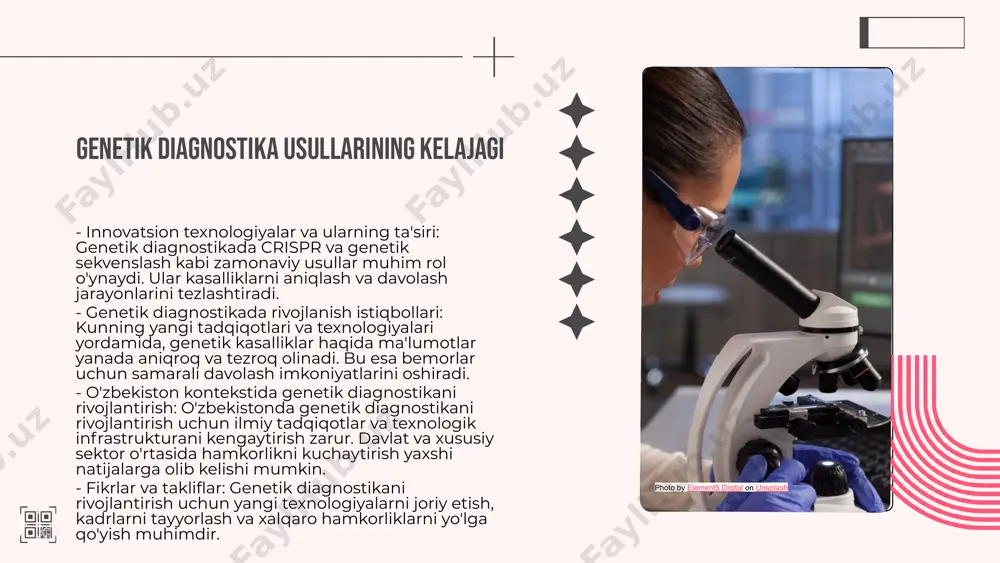 i xil bo'lib, klinik amaliyotda muhim rol o'ynaydi. - yangi texnologiyalar genetik xastaliklarni aniqlashda muhim yutuqlarni ta'minlaydi. - biomarkerlar genetik kasalliklarni aniqlashda samarali vosita sifatida ishlatiladi. - o'zbekistonda innovatsion texnologiyalardan foydalanish rivojlanishga yordam beradi. photo by element5 digital on unsplash e'tiboringiz uchun rahmat! image1.png image2.png image3.png image5.png image6.png image7.png image8.png image4.png image11.jpeg image12.jpeg image13.jpeg image14.jpeg image15.png image10.png