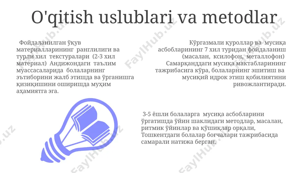 lar bog'chalari tajribasidan kelib chiqib, samarali deb topilgan. uyda musiqa bilan shug'ullanish uchun 15 daqiqalik kunlik mashqlarni taklif qilish orqali ota-onalarning bolalar rivojiga 20% hissa qo'shishlarini ta'minlash mumkin. yosh bolalarga musiqa asboblarini o'rgatishning ahamiyati musiqa bolalarda ijodkorlikni, o'ziga ishonchni va ijtimoiy ko'nikmalarni rivojlantirishga yordam beradi; samarqanddagi musiqa maktablarida o'tkazilgan kuzatuvlar shuni ko'rsatdiki, musiqa bilan muntazam shug'ullangan 100 nafar boladan 90 nafari o'z tengdoshlariga qaraganda ko'proq hamkorlik qilish qobiliyatiga ega bo'lishdi. yosh bolalarga musiqa asboblarini o'rgatish ularning miya rivojlanishiga ijobiy ta'sir ko'rsatadi, 5 yoshgacha bo'lgan bolalarning 80%ida musiqa bilan shug'ullanish natijasida xotira va diqqat kuchaygani kuzatilgan, masalan, toshkentdagi tadqiqotlar shuni ko'rsatdi. musiqa asboblarini o'rgatish orqali bolalarda qo'l-ko'z muvofiqligi, nozik motorika va muammolarni hal qilish qobiliyati rivojlanadi, masalan, 3-4 yoshli bolalar 5 ta turli musiqa asboblarida sodda melodiyalarni chalishni o'rganishlari mumkin. e'tiboringiz uchun rahmat @taqdimot_robot image1.jpeg image2.jpeg image3.jpeg