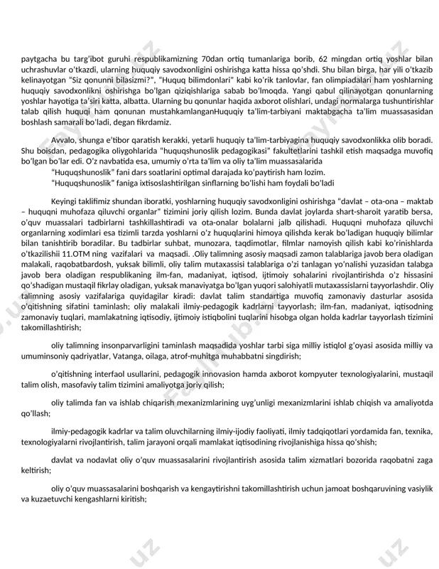 ngi va madaniyati yuksak yoshlar hal qiluvchi rol o’ynaydi. bunga esa huquqiy savodxonlikni oshiribgina erishishimiz mumkin. qisqasini aytganda, “faqat chuqur o’ylangan va tezkor davlat siyosatigina yoshlarning huquqiy madaniyatini ko’tara oladi va ularning huquqiy ongi darajasini yuksaltirishga yordam beradiyoshlarning huquqiy savodxonligini oshirish yo’lida mustaqillik davrida qator tadrijiy islohotlar amalga oshirildi. yuqorida ta’kidlanganidek, yoshlarning huquqiy savodxonligini oshirish maqsadida bir qancha qonun va qonunosti hujjatlari qabul qilindi. bular sirasiga “yoshlarga oid davlat siyosati to’g’risida”gi qonun, o’zbekiston respublikasi oliy majlisining “jamiyatda huquqiy madaniyatni yuksaltirish milliy dasturi”, o’zbekiston respublikasi prezidentining “yoshlarga oid davlat siyosati samaradorligini oshirish va o’zbekiston yoshlar ittifoqi faoliyatini qo’llab-quvvatlash to’g’risida”gi hamda “o’zbekiston respublikasi konstitutsiyasini o’rganishni tashkil etish to’g’risida”gi farmonlari, vazirlar mahkamasining “yoshlarning huquqiy ta’limini takomillashtirish kompleks dasturi to’g’risida”gi qarori kabilarni kiritish joiz. bu qonun hujjatlarining ijrosi sifatida qator amaliy ishlar qilinmoqda. masalan, adliya vazirligi huzurida 2009-yilda tashkil etilgan yosh huquqshunoslardan iborat “huquqiy targ’ibot guruhi” faoliyati e’tirofga loyiq. ma’lumot o’rnida keltirish joizki, shu …