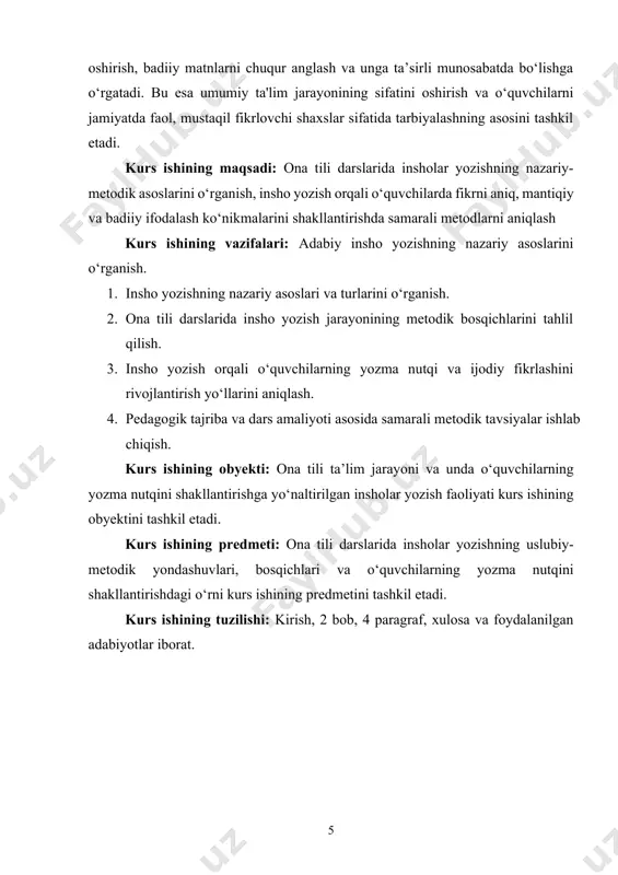 bo‘lishi kerakligi tushuntiriladi. 2. insho yozish jarayonini boshqarish insho yozish jarayonida o‘quvchilarga quyidagi metodik yondashuvlar yordamida yordam beriladi: tushunarli va aniq fikrlar shakllantirish: o‘quvchilarga to‘g‘ri va aniq fikrlar ifodalashni o‘rgatish. fikrlarni mantiqiy ravishda bir-biriga bog‘lab, izchil yozishni o‘rgatish. tahlil qilish va baholash: o‘quvchilar o‘zlarining yozgan insholarini tahlil qilib, qanday o‘zgarishlar kiritish kerakligini aniqlashlari zarur. bu o‘quvchilarga yozma nutqni tahlil qilish, kamchiliklarini aniqlash va tuzatish ko‘nikmalarini rivojlantiradi. ijodiy yondashuv: o‘quvchilarga ijodiy fikrlashni rivojlantirish uchun qiziqarli topshiriqlar va savollar berish. bu topshiriqlar o‘quvchilarni o‘z fikrlarini izchil va aniq tarzda ifodalashga undaydi. 3. badiiy tahlil va matn yaratish insho yozishning bir qismi sifatida o‘quvchilarni badiiy tahlil qilish va o‘z fikrlarini aniq ifodalashga o‘rgatish muhimdir. badiiy tahlil qilishda quyidagi metodlar qo‘llaniladi: asarlarni tahlil qilish: o‘quvchilarga badiiy asarlarni tahlil qilishni o‘rgatish. asarlarning mazmuni, asosiy g‘oyasi va yozilish uslubi haqida fikr yuritish. narraiv va tahliliy metod: o‘quvchilarni tahliliy va narraiv (hikoya qilish) metodlarini qo‘llashga o‘rgatish. bu …