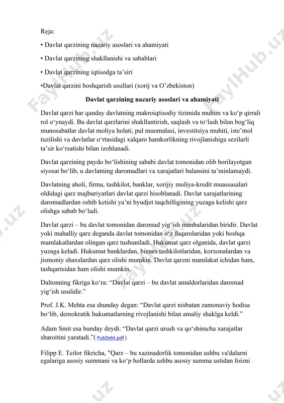 shimcha xarajatlar sharoitini yaratadi.”( pubdebt.pdf ) filipp e. teilor fikricha, "qarz – bu xazinadorlik tomonidan ushbu va'dalarni egalariga asosiy summani va ko‘p hollarda ushbu asosiy summa ustidan foizni to‘lashga bo‘lgan va'da shaklida bo‘ladi." (public debt | meaning and causes - geeksforgeeks) milliy qarz – bu federal hukumatning vaqt o'tishi bilan yuzaga kelgan xarajatlarni qoplash uchun qarzga olingan pul miqdoridir. ma'lum bir moliyaviy yil (my) davomida xarajatlar (masalan, yo'llar uchun pul) daromaddan (masalan, federal daromad solig'i) oshib ketganda, byudjet defitsiti yuzaga keladi. ushbu defitsitni qoplash uchun federal hukumat bozorda sotiladigan xavfli obligatsiyalar, davlat obligatsiyalari, veksellar, o'zgaruvchan foizli obligatsiyalar va inflyatsiyaga qarshi himoyalangan davlat obligatsiyalarini (tips) sotish orqali pul oladi. milliy qarz – bu qarz olish va bu obligatsiyalarni sotib olgan sarmoyadorlarga to'lanishi kerak bo'lgan foizlar bilan birga qarzning yig'indisidir. federal hukumat muntazam ravishda defitsitga uchraganida, bu odatiy hol, milliy qarz o'sib boradi. soddaroq aytganda, milliy qarz – bu odamning har oyda …