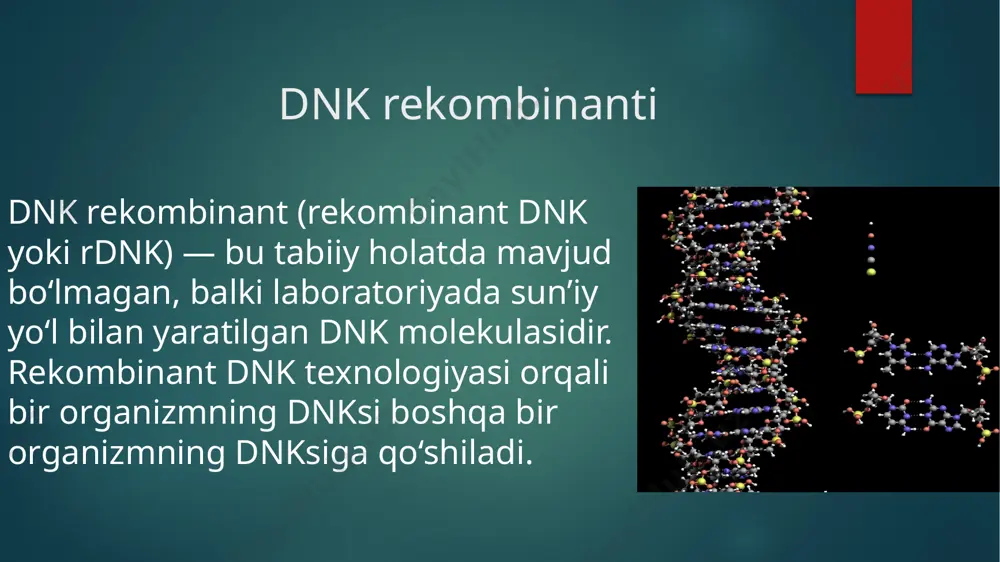 iladigan usullar haqida tushuncha rekombinant dnk - bu tabiatning biron-bir joyida bo'lmagan in vitro usulida geterogen dnk qismlarini birlashtirish natijasida olingan dnk molekulasidir. bu jarayonda dnkni kesadigan va ulaydigan fermentlarning ahamiyati katta. ‹#› hozirgi kunda gen muhandisligi metodlari rekombinant bakteriya shtammlaridan biologik faol birikmalar, jumladan, gormonlar (insulin, o'sish gormoni, somatostatin), virusga qarshi preparat -interferon olishda muvaff aqiyatli qo'llanilmoqda. ‹#› ‹#› xulosa • dnk rekombinant texnologiyasi tibbiyotda inqilobiy yondashuv. • kasalliklarni davolash, aniqlash va oldini olishda muhim rol o’ynaydi. • kelajakda bu texnologiya yana-da ko’proq imkoniyatlar yaratadi. ‹#› foydalanilgan adabiyotlar 1.r.a.sobirova, o.a.abrorov, f.x.inoyatova, a.n.aripov.toshkent «yangi asr avlodi» 2006 . 2.lodish, h., berk, a., zipursky, s.l., et al. (2000). molecular cell biology (4th ed.). new york: w. h. – rekombinant dnk texnologiyasi va hujayra biologiyasi haqida asosiy darslik. ‹#› e'tiboringiz uchun rahmat! ‹#› image6.tmp image7.jpg image8.jpg image9.jpg image10.jpg image11.jpg image12.jpg image13.jpg image2.jpeg image2.png image3.png image4.png image5.png /docprops/thumbnail.jpeg