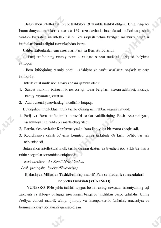 ohalarini qamrab olgan. yunesko dasturlari dune madaniyatiga ko'maklashishi, barqaror taraqqiyot va insoniyat taraqqiyoti uchun yo'naltirilgan. ular barcha insonlar uchun maorif yutuqlarini to'playdi; ekologik tadqiqotlar uchun xalqaro ilmiy dasturlar tuzishga kumaklashadi; milliy madaniyatni ruyobga chiqishini qo'llab quvvatlaydi; dunyoviy meros hisoblangan boyliklarni saqlash va kengaytirishga axborotlar oqimi va matbuot erkinligiga yordam beradi, shuningdek, rivojlanayotgan davlatlarning kommunikasiya imkoniyatlarini oshirishga ko'maklashadi. yunesko milliy komessiyalar, assosiasiyalar, markaz va klublar kumagidan foydalanadilar. u395 dan ortiq noxukumat tashkilotlari va jamg'armalar, shuningdek xalqaro hamda xududiy birlashmalar bilan hamkorlik qiladi. yuneskoning rahbar organi barcha a'zo davlatlarni jamlagan bosh konferensiyalar hisoblanadi, u ikki yilda bir marta chaqiriladi. konferensiyada qabul qilingan dasturlar bajarilishini bosh konferensiyada saylangan 58 a'zodan iborat ijroya kengash kuzatib boradi. bosh direktor:federiko mayor. saragosa(ispaniya) bosh qarorgox : parij. xalqaro mehnat tashkiloti xalqaro mehnat tashkiloti 1919 yilda ta'sis etilgan bo'lib, uning nizomi versal shartnomasining bir qismi edi. 1946 yilda xalqaro mehnat tashkiloti bmt bilan aloqador birinchi ixtisoslashgan muassasa bo'ldi. …