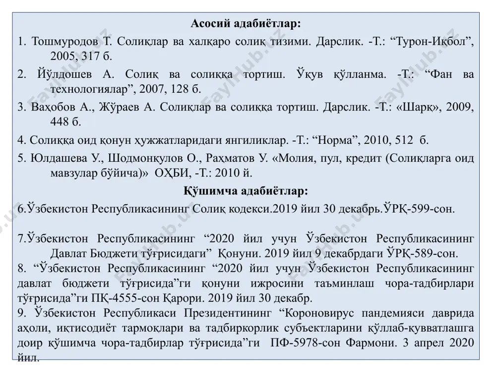 ан вазиятда билвосита солиқлар асосан қўшилган қиймат солиғига асосланган солиқ тизимининг фискаль вазифани бажариши зарурлигини тақозо қилди. солиқларни жорий этилишининг бош мақсади бўлиб давлат тақдим этаётган хизматларни молиявий ресурслар билан таъминлашдан иборатдир. ўзбекистон республикасида қўшилган қиймат солиғи 1992 йилда жорий этилган бўлиб, бу солиқни ҳуқуқий тартибга солувчи солиқ қонунчилиги ҳужжати бўлиб 1991 йил 15 февралда қабул қилинган «корхоналар, бирлашмалар ва ташкилотлардан олинадиган солиқлар тўғрисида»ги қонун ва унга мувофиқ ишлаб чиқилган 1992 йил 30 мартдаги «қўшилган қиймат солиғини ҳисоблаш ва тўлаш тартиби тўғрисидаги» йўриқнома ҳисобланган. солиқ қонунчилигига мувофиқ 1992 йилда дастлаб қўшилган қиймат солиғи ставкаси 30 % миқдорида белгиланган. ўзбекистон республикасида қўшилган қиймат солиғининг ривожланиш босқичлари ўзбекистон республикасида қўшилган қиймат солиғининг ривожланиш босқичлари барча билвосита солиқлар каби қўшилган қиймат солиғи ҳам асосан солиқларнинг фискал фунциясини бажаради, унинг жорий қилишдан асосий мақсад давлат бюджетини маблағ билан тўлдириш билан боғлиқ бўлган. қўшилган қиймат солиғи солиқ тушумларини нарх-навонинг ўсиши билан тўғридан тўғри боғлаб турганлиги …