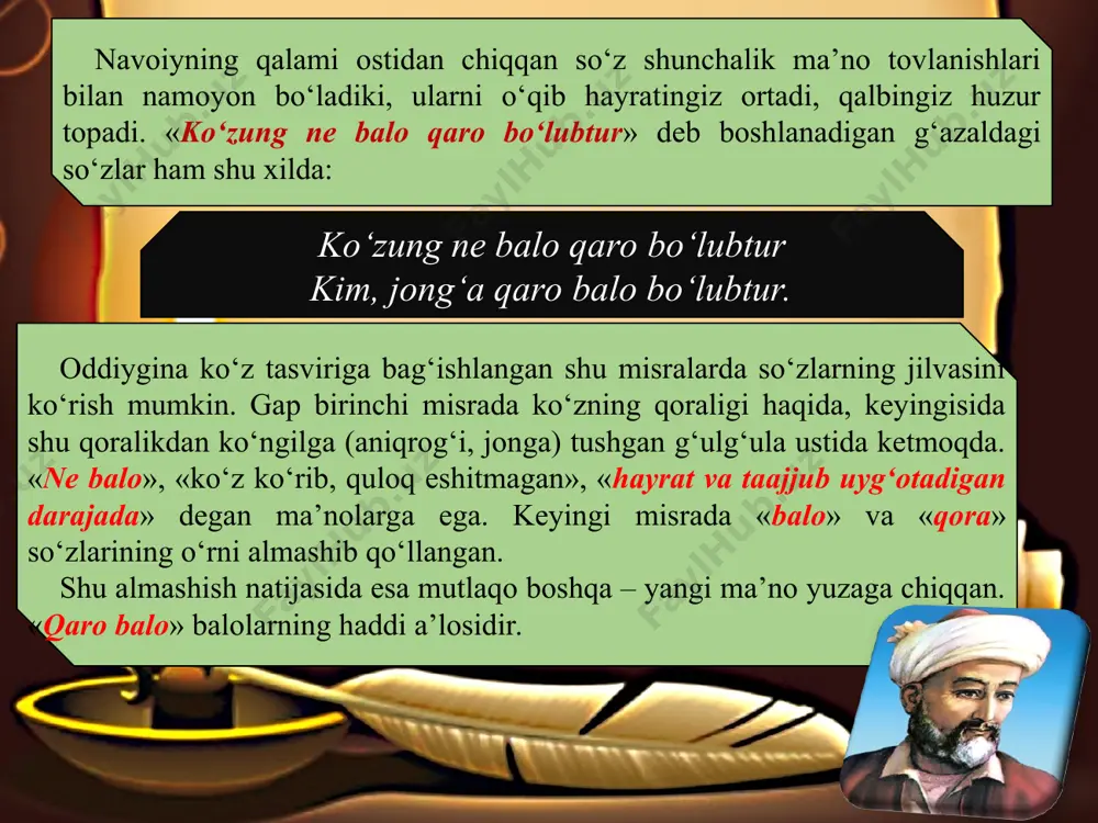 a’ni «solik» demakdir. solikning asl maqsadi baqo-boqiylik, mangulikdir. mangulik esa fanoda, ya’ni yo‘qlikdadir. bu, albatta, moddiy olam hoyu havaslarini emas, ma’naviyatning o‘ziga xos qadriyatlarini nazarda tutadi. to tuzdi navoiy oyati ishq, ishq ahli aro navo bo‘lubtur. yakunlovchi bayt ham tardi aksni saqlab qolgan. endi navo va ishq so‘zlariga urg‘u beriladi. keyingi misradagi so‘zlarning ma’no tovlanishi diqqatga sazovor. «ishq ahli aro navo bo‘lubtur» degan dagi «navo» ko‘p ma’noli. uning «ovoza», «shon-shuhrat», «boylik», «navo bo‘lmoq» – ovozasi yoyilmoq, «navo» kuyi vositasida kuylamoq» singari ma’nolari ko‘zga tashlanadi. «meni men istagan...» meni men istagan o‘z suhbatig‘a arjumand etmas, meni istar kishining suhbatin ko‘nglum pisand etmas. ne bahra topqamen andinki, mendin istagay bahra, chu ulkim, bahrayi andin tilarmen, bahramand etmas. netay hur-u pari bazminki, qatlim yo hayotimg‘a ayon ul zahr chashm aylab, nihon bu no‘shxand etmas. kerakmas oy ila kun shaklikim, husn-u malohatdin ichim ul chok-chok etmas, tanim bu band-band etmas. kerak o‘z chobuki qotilvashi …