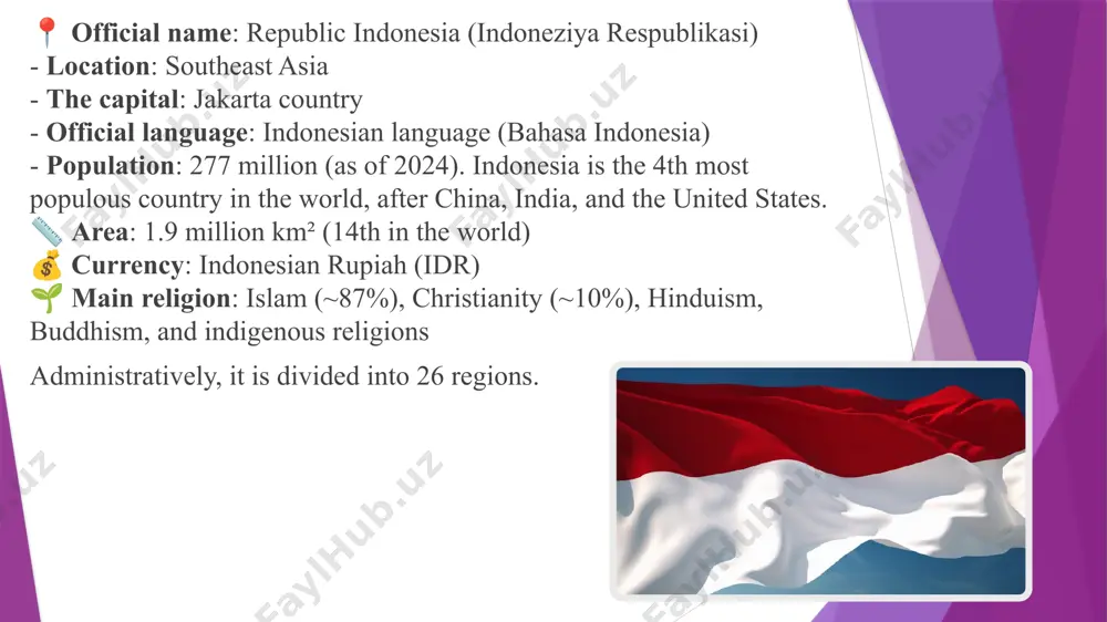 nched in the region. an average of 44.3 billion kwh of electricity is produced per year. foreign trade customers: japan, usa, singapore, germany the economy of indonesia is a mixed economy with dirigiste characteristics.the indonesian economy is the largest and most developed market economy in southeast asia. as an upper-middle income country and member of the g20, indonesia is classified as a newly industrialized country. indonesia is among the top 10 countries in the world in terms of gdp. indonesia's internet economy reached us$77 billion in 2022, and is expected to cross the us$130 billion mark by 2025. about 60% of the population lives on the island of java, making it one of the most densely populated places on the planet. the capital of indonesia, jakarta, is also located on java. s – strengths (kuchli tomonlari ) ✅ large economy – has the largest economy in southeast asia. ✅ rich …