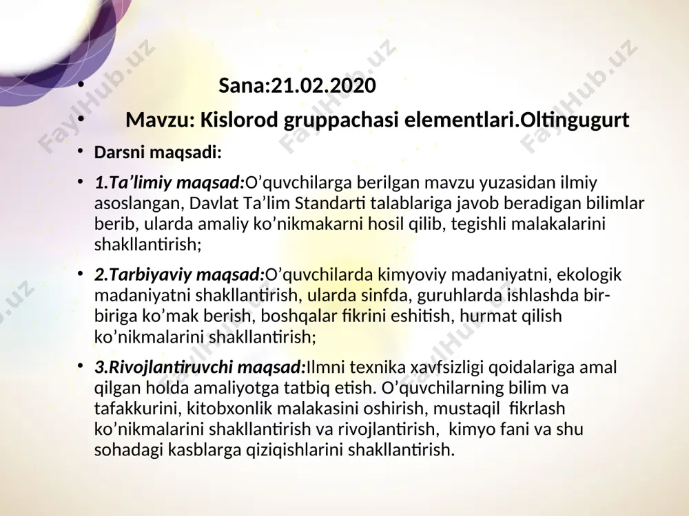eng og’ir metall ? 3.galogen so’zining ma’nosi nima ? 4.inson bir kunda taxminan qancha tuz iste’mol qiladi ? 5.davriy sistemada nechta guruh bor ? 6.qaysi metall suyuq ? 7.atmosfera tarkibida eng ko’p gaz ? 8.davriy jadvalni kim yaratdi ? 9.galogenlar miqdori tabiatda qanday tarqalgan ? to’g’ri javoblar 1.eng yengil metall ? (litiy) 2.eng og’ir metall ? (osmiy) 3.galogen so’zining ma’nosi nima ? (tuz yaratuvchi) 4.inson bir kunda taxminan qancha tuz iste’mol qiladi ? (10 gr) 5.davriy sistemada nechta guruh bor ? (8 ta) 6.qaysi metall suyuq ? (simob) 7.atmosfera tarkibida eng ko’p gaz ? (azot) 8.davriy jadvalni kim yaratdi ? (mendeleev) 9.galogenlar miqdori tabiatda qanday tarqalgan ? (davriy jadvalda yuqoridan pastga miqdori kamayadi) iii.yangi mavzu bayoni elementlarning kashf qilinish tarixi. kimyoviy elementlar davriy sistemasining oltinchi guruh bosh guruhchasi (kislorod guruhchasi)da kislorod, oltingugurt, selen, tellur va poloniy elementlari joylashgan. kislorod- 1771 yil k. shelee tomonidan. (kislota yaratuvchi) oltingugurt-qadimdan ma’lum. (lotinchada och-sariq) …