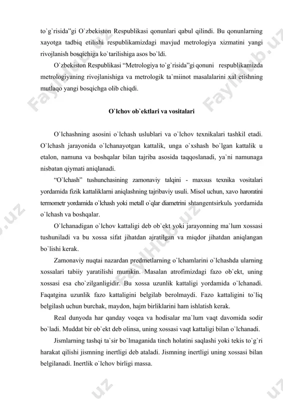 lchanadi. jismlarning tashqi ta`sir bo`lmaganida tinch holatini saqlashi yoki tekis to`g`ri harakat qilishi jismning inertligi deb ataladi. jismning inertligi uning xossasi bilan belgilanadi. inertlik o`lchov birligi massa. ma`lum holatgacha qizdirilgan jismlar oldingi holatidan sifati bilan farq qiladi. temperatura degan kattalik yordamida jismning qay darajada qizdirilganligi tushuntiriladi. yuqoridagilarning barchasi fizik kattaliklarga kiradi. shu guruhga tekislik va fazoviy burchak, kuch, bosim, tezlik, tezlanish, elektr kuchi, induktivlik, yorug`lik kuchi va boshqa kattaliklarni kiritish mumkin. metrologiya sohasidagi xalqaro hamkorlik standartlashtirish sohasidagi hamkorlikdek xalqaro savdoga ko`maklashadi. hamkorlik natijasida o`zaro hamjihatlikni kafolatlaydigan o`lchashlarga yagona yondashish paydo bo`ladi, o`lchash usullari va vositalarini bir xillashtirish va standartlashtirish amalga oshiriladi, mahsulotni o`lchash, sinash va nazorat qilish natijalarini o`zaro tan olish imkoni paydo bo`ladi. zamonaviy etalon majmualarini yaratish va ularni saqlash texnikaviy murakkab va iqtisodiy jihatdan qimmat masala bo`lganligi ham metrologiya sohasidagi keng xalqaro kooperatsiyani talab qiladi. shunig uchun bu masalani xalqaro hamkorlik asosida yechish maqsadga muvofiqdir. yagona o`lchov tizimi …