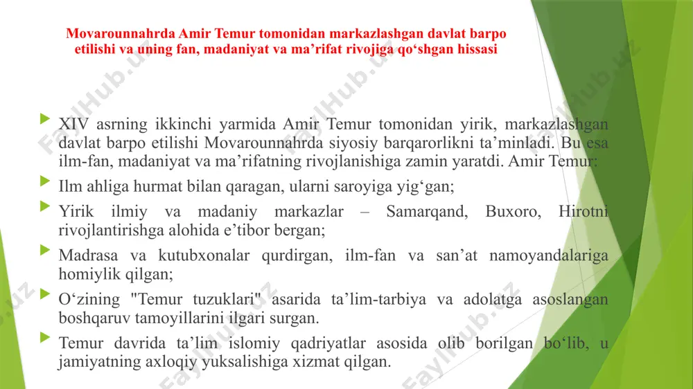 irin”) odob-axloq, ilm-fan, halollik, mehr-oqibat g‘oyalari ilgari suriladi; “mahbub ul-qulub”da xalqni tarbiyalash, sinfiy adolat, insoniylik, odillik kabi tushunchalar yoritilgan; navoiy ilmli insonni ulug‘lab, johillikni tanqid qilgan: “ilm – bu jamiyatni yorituvchi nur” degan g‘oyani ilgari surgan; u o‘zbek tilida ilm-fan va tarbiya sohasida chuqur asarlar yozib, o‘z davrining yetuk pedagogik maktabini yaratgan. husayn voiz koshifiyning ta’limiy-axloqiy qarashlari husayn voiz koshifiy (vafoti – 1504 y.) – hirotda yashab ijod qilgan yirik mutafakkir, ma’rifatparvar, axloqshunos. uning mashhur asarlari: “akhlok-i muhammadiy” – unda payg‘ambar axloqi asosida odob, halollik, xushmuomalalik, sabr-toqat, ota-onaga hurmat kabilar ta’riflanadi; “futuvvatnoma” – ritsarlik va axloqiy fazilatlar haqidagi asar bo‘lib, yoshlarni jismoniy va ma’naviy jihatdan tarbiyalashni targ‘ib qiladi; koshifiy axloqiy tarbiyani ijtimoiy barqarorlik, adolatli jamiyat qurish vositasi deb bilgan; uning qarashlarida ta’lim faqat bilim emas, balki komil inson tarbiyasi vositasi sifatida qaraladi. /docprops/thumbnail.jpeg