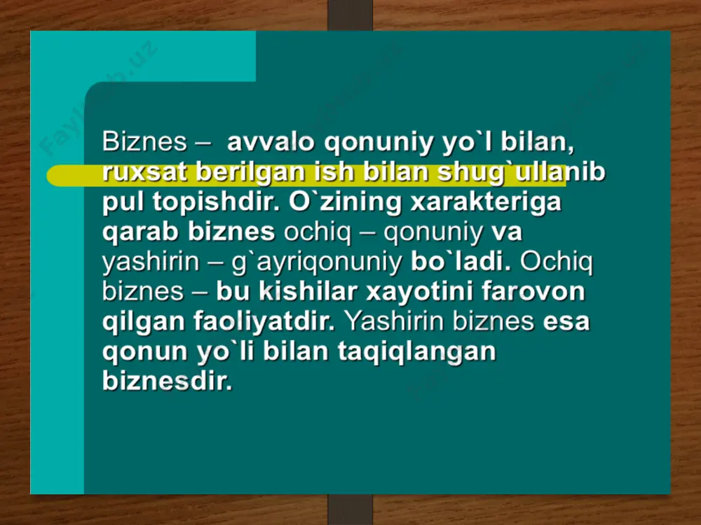 cheklangan jamiyat (mchj) – a’zolari jamiyat majburiyatlari bo‘yicha faqat o‘zlari qo‘shgan ulush doirasida javobgar bo‘la­digan jamiyat. u bir yoki bir necha jismoniy yoxud yuridik shaxslarning kelishuviga ko‘ra tashkil etilib, yuridik shaxs hisoblanadi. 18 aksiyadorlik jamiyati (aj) -muassislar (aksiyadorlar)ning ixtiyoriy hissalari asosida tashkil etilgan biznes yuritish shakli. ochiq aksiyadorlik jamiyati -ishtirokchilari o‘zlariga tegishli aksiyalarni boshqa aksiyadorlarning roziligisiz sotib olish va ularni erkin sotish huquqiga ega bo‘lgan jamiyat. 19 yopiq aksiyadorlik jamiyati – aksiyalari faqat uning ta’sischilari yoki oldindan belgilangan boshqa shaxslar doirasida taqsimlanuvchi jamiyat. 20 aksiya – bu uning egasi aksiyadorlik jamiyati kapitaliga o‘zining ma’lum hissasini qo‘shganligiga va uning foydasidan dividend shaklida daromad olish huquqi borligiga guvohlik beruvchi qimmatli qog‘oz. 21 tadbirkorlikning tashkiliy-iqtisodiy shakllari kartel bir tarmoq tadbirkorlari o‘rtasidagi kelishuvdir sindikat bir tarmoq tadbirkorlari tomonidan ortiqcha raqobatni bartaraf qilish, barqaror foyda olish maqsadida mahsulot sotishning birlashtirilishi; konsorsium tadbirkorlarning yirik moliyaviy operatsiyalarni birgalikda amalga oshirish maqsadida birlashuvi konsern qatnashish tizimi orqali korxonalarni …