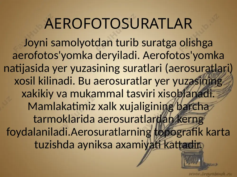 tabga kerlitiriladi. aerosuratlarni bir xil masshtabga kerltirish transformatsiyalash deryiladi. aerosuratlarni tarnsformatsiyalash uchun xar bir aerosurtda planli urni aniklangan, 4 ta tayanch nuqta bulishi kerak. buning uchun joyda geroderzik ulchash ishlari olib borib, bir nercha nuqtalarning planli urnini aniklash kerak.bunga aerosuratlarni boglash derb ataladi. aerosuratlarni dershifrirovkaika kilish maksadiga kura topografik maxsus topografik dershifrofka topografik kartalar tuzish uchun aerosuratda ob'erktlar (rerlerf, gidrografiya, usimlik, axoli yashaydigan punktlar, yullar, chergaralar xamda ba'zi bir sotsial-iktisodiy kursatgichlar) aniklanib, tergishli shartli berlgilar bilan kursatilsa, unga topografik dershifrirovka deryiladi maxsus dershifrofka agar dershifrirovka biron boshqa maksad uchun, masalan, joyning gerobatanik, gerologik, geromorfologik kartalarni tuzish va boshqa maksadlar uchun bajarilsa unga maxsus dershifrirovka deryiladi. aerosuratlarga plan olish aerofotos'yomka matyeriallaridan foydalanib, topografik kartalar tuzishga aerofototopografik plan olish deryiladi. aerofototopografik plan olish aviatsiya, optika va fotografiyaning tarakkiy etishi natijasida vujudga kerlgan plan olish usulidir. aerofototopografik plan olish ikki usulda . kombinatsiyalashtirilgan styererotopografik kombinatsiyalashtirilgan kombinatsiyalashtirilgan usulda topografik karta tuzish uchun joydagi tafsilotlar …