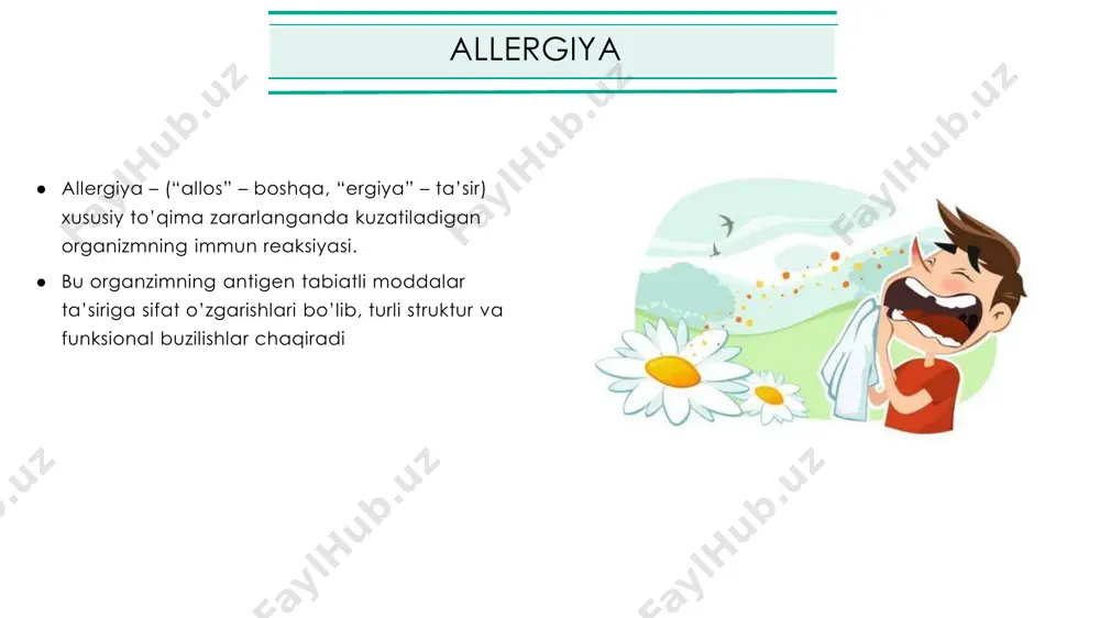 silliq muskullarni qisqartiradi − qon tomirlardagi h2 retseptorlarga ta’sir qilib ularni kengaytiradi, o’tkazuvchanlikni oshiradi: − edema (shish) − urticaria (torvoq) • serotonin − silliq muskullar qisqaradi − vazodilatatsiya − kapillarlar o’tkazuvchanligi ↑ • prostoglandinlar (pgd2) − mukoz(shilliq) ishlab chiqarishni ↑ − bronxospazm chaqiradi • eozinofil xemotaktik faktor − eozinofillarni jalb qiladi − eozinofillar ajratadi: a) gistaminaza – gistaminni parchalaydi b) arilsulfataza – gistamin va lt larni neytrallaydi • leykotrienlar (ltb4, ltc4) − qon tomir o’tkazuvchanligini ↑ − bronxospazm chaqiradi − neytrofillar, eozinofillar, monotsitlarni jalb qiladi • trombotsit aktivlovchi faktor (taf) − lt va pg lar kabi ta’sir qiladi − trombotsitlar aggregatsiyasini ↑ ● bunda: • bronx silliq muskullar spazmi – bo’g’ilish xuruji, gistamin va anafilaksiyaning sekin ta’sir qiluvchi moddalari ta’sirida rivojlanadi • allergik tumov, faringit, laringit, traxeit – yuqori nafas yo’llaridan shilliq hosil bo’lishi va ajralishini ortishi natijasida • arteriolalar kengayishi → terida qizarish, allergik toshmalar, konyuktivit • qon tomir …