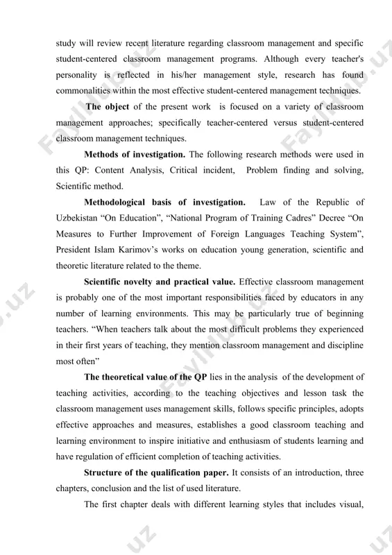 ith the results of investigation. construction of qp: it consists of introduction, 2 chapters, conclusion, summary and list of literature. chapter i. implementation of the learning styles in teaching process much of the published material that aims to help teachers understand the concept of learning puts a lot of stress on the notion of different learning styles. there are some fundamental problems with this premise. it is clear there are different ways to learn and that many of learners find it easier or more comfortable to absorb and process information if it is presented to us in a certain way. there are three basic types of sensory learning styles. the three most common are visual, auditory, and kinesthetic. to learn, we depend on our senses to process the information around us. most people tend to use one of their senses more than the others. this has led some experts to …
