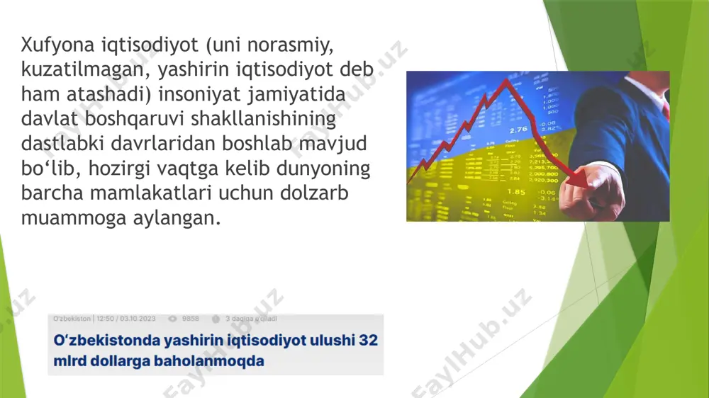 iqtisodiyoti) – qonun tomonidan taqiqlab qo‘yilgan tovar va xizmatlarni ishlab chiqarish va sotish bilan bog‘liq noqonuniy iqtisodiy faoliyatdir. “qora” yashirin iqtisodiyot “kul rang” iqtisodiyotga rasmiy iqtisodiyotdan nisbatan ko‘proq ravishda ajralgandir. keng ma’noda normal iqtisodiy hayotga to‘g‘ri kelmaydigan, uni buzadigan barcha faoliyat turlari “qora” yashirin iqtisodiyotga kiradi. bu faoliyatga faqatgina zo‘ravonlikka asoslangan qayta taqsimlash (o‘g‘rilik, bosqinchilik, tovlamachilik) emas, balki jamiyatni yemiradigan tovar va xizmatlarni ishlab chiqarish ham (narkobiznes, qimor o‘yinlari, fohishabozlik, reket) kiradi. kriminal, jinoiy xufyona iqtisodiyotni noqonuniy ishlab chiqarish, yashirin ishlab chiqarish va ongli ravishda oldindan rejalashtirib, g‘arazli maqsadlarni ko‘zlab qilingan jinoyatlar tashkil etadi. noqonuniy ishlab chiqarishga biznes va tadbirkorlik shaklida tashkil etilgan qonunchilikda qat’iyan man qilingan faoliyat turlari kiradi. bunday faoliyat turlariga quyidagilar kiradi: – qurol-yarog‘lar ishlab chiqarish va sotish; – narkobiznes; – kontrabanda; – qimorxona, qimor o‘yinlarini tashkil etish; – odam savdosi va h.k ushbu faoliyat turlari yashirin, nolegal korxona, sex, yashirin biznes va tadbirkorlik sub’ektlari yoki rasmiy …