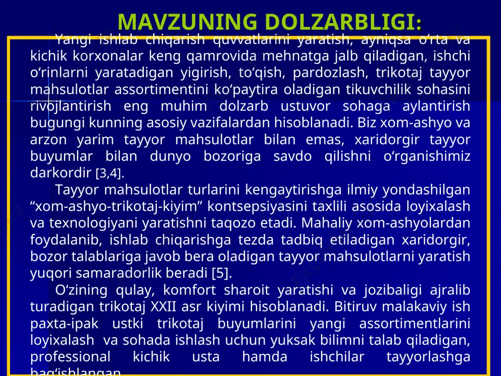 odellari yaratish; -kasb-hunar kollejlarida “kiyimlarni loyihalash va modellashtirish” fanidan “ipak va paxta tolalari aralashmasidan tayyorlangan tikuv buyumlarini yangi assortimentini loyihalash” mavzusini o‘qitishda “muammoli vaziyat”metodini qo‘llashni samarali shakl, usullari hamda vositalarini ishlab chiqishdan iboratdir. bitiruv malakaviy ishining yangiligi va amaliy ahamiyati ipak va paxta tolalari aralashmasidan tayyorlangan trikotaj-tikuv buyumlarini ekspluatatsion, qulaylik, tejamkorlik, chiroylilik va estetik qiymatli tamoyillarni umumlashtirgan yangi kompozit assortimentini loyihasi ishlab chiqildi. qayishqoq deformatsiyalar kattaliklarini aniqlash asosida yangi assortimentdagi paxta-ipakli ustki trikotaj mahsulotlari loyixalandi. loyihadan trikotaj-tikuv, tadbirkorlik va kasanachilik korxonalarida keng qamrovda foydalanish, ichki hamda tashqi bozorlarda xaridorgir mahsulotlor assortimentlarini kengaytirish imkoniyatini beradi. kasb-hunar kollejlarida “kiyimlarni loyihalash va modellashtirish” fanidan “ipak va paxta tolalari aralashmasidan tayyorlangan tikuv buyumlarini yangi assortimentini loyihalash” mavzusini o‘qitishda “muammoli vaziyat”metodini ishlab chiqildi. “kiyimlarni loyihalash va modellashtirish” va “libos dizayni” fanlari mazmuni talabalarning bilim va ko‘nikmalarini rivojlantirishga oid nazariy qarashlar va yondashuvlar bilan boyitiladi. mavzu buyicha ta’lim olishning samarali shakl, metod va vositalari belgilab berildi. …