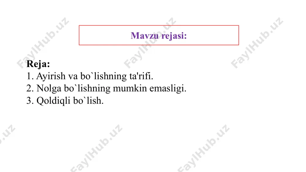 ini ayirib, ayiriluvchini qo’shish kifoya, ya ‘ni (∀a, b, c∈n) [a - (b - c) = (a - b) + c]. natural sonlarni bo’lish ta’rifi va xossalari. 2-ta’rif. ikki ko’paytuvchining ko’paytmasi va bir ko’paytuvchi berilgan holda ikkinchi ko’paytuvchini topish amali bo’lish amali deyiladi. bunda berilgan ko’paytmani ifodalovchi son — bo’linuvchi, berilgan ko’paytuvchi — bo’luvchi, izlanayotgan ko’paytuvchi — bo’linma deyiladi. agar a — ko’paytma, b — berilgan ko’paytuvchi, c — izlanayotgan ko’paytuvchi bo’lsa, u bo’lish amali yordamida a = b · c yoki a: b = c ko’rinishda belgilanadi. ta’rifdan ko’rinadiki, bo’lish amali ko’paytirish amaliga teskari amal ekan. bo’lish amali bir qiymatlidir. masalan, a) 9:3=3; b) 21:7=3; d) 111:3=37. bo’lish amali quyidagi xossalarga ega. 1°. ko’paytmani noldan farqli biror songa bo’lish uchun ko’paytuvchilardan birini shu songa bo’lish kifoya, ya’ni (a• b):c=(a:c) b, bunda a:cbo’ladi, ya’ni a soniga butun marta bo’linadi. isbot. (a • b) : c = x desak, a • …
