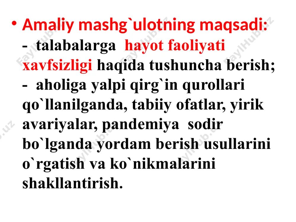 й мухит,ижтимоий мухит,ишлаб чиқариш мухити,ойилавий мухит,рухсат этилган мухит,хавфли мухит,фавқулодда хафли мухит,ноксосфера,гомосфера. ҳаёт хавфсизлиги, албатта, ҳар қандай инсоннинг замонавий ҳаётида жуда муҳим аҳамиятга ега. ҳар бир инсон ўз ҳаётида ҳар қандай жойдан пайдо бўлиши мумкин бўлган турли таҳдид ва хавф-хатарларга дуч келади. бундан ташқари, дунё қанчалик замонавий бўлиб, одамлар ҳаётида турли янгиликлар пайдо бўлса, инсон учун турли хавф-хатарлар пайдо бўлади. ҳар бир инсон ўз ҳаёти, еркинлиги ва хавфсизлиги ҳуқуқига ега. хаёт фаолияти хавфсизлиги : бу инсон хаёти ,соғлиғи хамда униннг наслига таъсир этувчи реал хавфлар аниқ эхтимоллик асосида бартараф этилган инсон фаолияти холатидир. хаёт фаолияти: инсоннинг ўз манфатларини қондириш махсадидаги кунлик мехнат фаолияти ва дам олиши,яаъни инсон яшашининг мухим шартидир. шу сабабли инсон фаолияти икки нарсага йўналтирилган бўлади. ўз фаолияти давомида маълум самарали мақсадга,манфатга эришиш. фаолияти даврида юзага келган кўнгилсиз холатларни бартараф этиш,яаъни фаолиятни хавфсиз ва зарарсиз бўлишини таъминлаш. хаёт фаолияти хавфсизлиги: инсонни мақсадга олиб борувчи йўл,услуб ва воситалар мажмуйи. у …