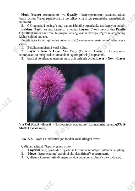 urnating. mode (rejim smeshivaniya) va opacity (neprozrachnost) parametrlaridan tasvir uchun yangi parametrlarini berin(keynchalik bu parametrlar uzgartirilishi mumkin). 5. ok tugmasini bosing. yangi qatlam ishlatilayotgan katlai ustida paydo buladi. eslatma: tasvir xajmini kamaytirish uchun layers (sloi) menyusidan palette options (optsii palitri) buyrugini tanlang vash u tasvirga to‘g‘ri keladigan eng kichik xajmni tanlang. belgilangan kismni qatlamga aylantirish(prevrashenie videlennoy oblasti v sloy) 1. belgilangan kismni xosil kiling. 2. layer > new > layer via soru (sloy > noviy > posredstvom kopirovaniya) menyusidan komandani bajaring(ctrl+j tugmalari). 3. tasvirni belgilangan qismini yulib olib tashlash uchun layer > new > layer via cut (sloy >noviy > posredstvom virezaniya) komandasini bajaring(ctrl+ shift+j tugmalari). ris. 5.2. layer 1 xiralashtirilgan fondan xosil kilingan tasvir qatlamni siljitish(peremeshenie sloya) 1. layers (sloi) oynasida o‘zgartirish kiritmokchi bo‘lgan qatlamni belgilang. 2. move (peremeshenie) asbobini aktivlashtiring(v klavishasi). 3. qatlamni kursorni ushlabturgan xolatda qatlamni siljiting(5.3 va 5.4rasm). ris. 5.3 . amaldagi tasvir ris. 5.4. matnli …