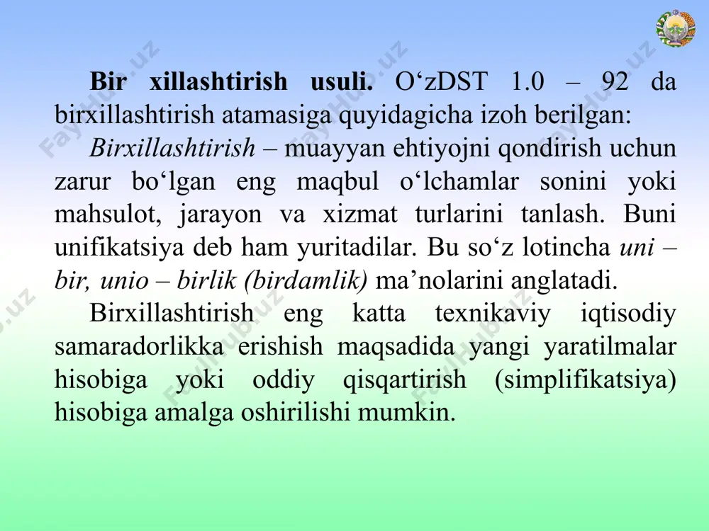 …; geometrik progressiyaning istalgan hadini quyidagi ifodadan hisoblab topishimiz mumkin: an=a1qn – 1; bu yerda: a1–birinchi son (had), q–geometrik progressiyaning bo‘luvchisi. geometrik progressiyaning birmuncha afzalliklari mavjud: ixtiyoriy olingan ikki qo‘shni hadlarning nisbiy farqi o‘zgarmasdir, masalan 1-2–4–8–16–32–64.., bunda ixtiyoriy had o‘zining oldingisidan 100% ga katta. geometrik progressiyaning ixtiyoriy hadlarining ko‘paytmasi yoki bo‘linmasi ham shu progressiyaning hadi hisoblanadi. geometrik progressiya faqat chiziqli bog‘langan parametrlarnigina emas, balki kvadratik va kubik va boshqacha bog‘langan parametrlarni ham o‘zaro bog‘lash imkoniyatiga ega sanaladi. tanlangan sonlar qatori quyidagi talablarga javob bera olishi kerak: 1.ishlab chiqarish va foydalanish talablariga javob beruvchi ratsional qatorlar tizimini tavsiya etishi lozim; 2.katta sonlar yo‘nalishida ham, kichik sonlar yo‘nalishida ham cheksiz bo‘lishi lozim; 3.birning va ixtiyoriy sonning o‘nga karrali qiymatlariga ega bo‘lishi lozim; 4.oddiy va oson eslab qolinadigan bo‘lishi kerak. 1–jadval maxsus tadqiqotlar shuni ko‘rsatadiki, yuqoridagi barcha talablarga ko‘proq javob beradigan qator – har bir n – hadini o‘nga karrali ko‘paytirib boruvchi geometrik …