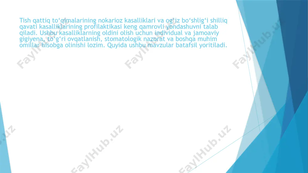 nitetni mustahkamlash c vitamini yetishmovchiligi tish go‘shti yallig‘lanishiga olib kelishi mumkin, shuning uchun yangi meva va sabzavotlarni iste’mol qilish lozim qon aylanishini yaxshilash va shilliq qavatning mustahkamligini oshirish uchun jismoniy faollik bilan shug‘ullanish 4. tish protezlari va ortodontik moslamalardan to‘g‘ri foydalanish tish protezlari og‘iz shilliq qavatini shikastlamasligi kerak ortodontik moslamalar gigiyenik jihatdan to‘g‘ri parvarishlanishi lozim protezlarni muntazam dezinfeksiya qilish va tozalash kerak 5. stress va ruhiy holatning ahamiyati stress organizmning immun tizimini zaiflashtirishi natijasida og‘iz bo‘shlig‘idagi kasalliklar xavfini oshiradi. psixologik barqarorlikni saqlash, yetarlicha dam olish va stressdan qochish ham shilliq qavat kasalliklarining oldini olishda muhim ahamiyatga ega. wedge-shaped defektlar – bu tishlarning bo‘yinga yaqin qismida uchraydigan, uchburchak yoki xanjar shaklida bo‘lgan sirtdagi emal va dentin yo‘qolishi bilan tavsiflanadigan patologik jarayondir. ular asosan premolyar va molyar tishlarda ko‘proq kuzatiladi. sabablari: ortodontik yuklamalar – noto‘g‘ri tish qattiq to‘qimalariga ta’sir qilishidan kelib chiqadi. noto‘g‘ri tish yuvish – juda qattiq cho‘tka va agressiv harakatlar …