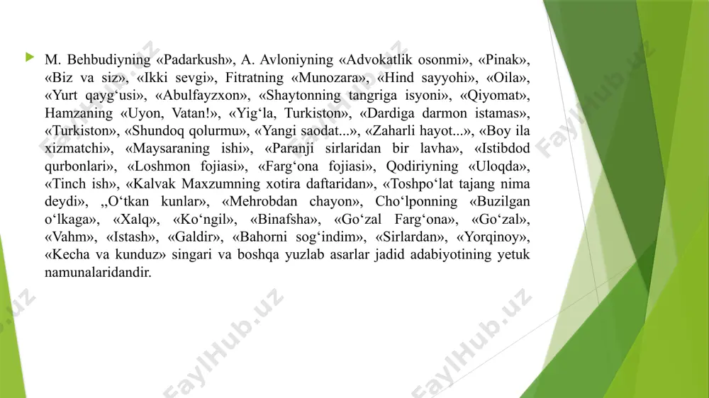 lmadi. 1917-yilgi oktabr to‘ntarishidan keyingi dastlabki davrlarda ham so‘z va ijod erkinligi bir qadar saqlandi. sho‘rolar yetarlicha siyosiy va tashkiliy kuchga ega bo‘lmagani, uning g‘oyalarini kuylaydigan adiblar qatori hali shakllanmagani uchun badiiy adabiyotda nisbatan erkinlik bor edi. eng iste’dodli ijodkorlar, tabiiy ravishda, millat va vatan ozodligi uchun kurashayotgan jadid yozuvchilari safida edi. shuning uchun ham fitratning «abulfayzxon» dramasi, «shaytonning tangriga isyoni», «qiyomat» hikoyalari, hamzaning «boy ila xizmatchi», «maysaraning ishi», «paranji sirlaridan bir lavha» dramalari, qodiriyning «kalvak maxzumning xotira daftaridan», «toshpo‘lat tajang nima deydi», ,,o‘tkan kunlar», «mehrobdan chayon», cho‘lponning «buzilgan o‘lkaga», «xalq», «ko‘ngil», «binafsha», «go‘zal», «qalandar ishqi», «galdir», «sirlardan» she’rlari, «yorqinoy» dramasi, «kecha va kunduz» romani singari asarlar sho‘rolar davrida yaratilgan bo‘lsa-da, mohiyatan jadid adabiyoti namunalaridir. chunki ular e’tiqodi va faoliyat yo‘nalishiga ko‘ra jadid bo‘lgan, hayotni jadidchasiga badiiy idrok etadigan odamlar tomonidan yaratilgan edi.