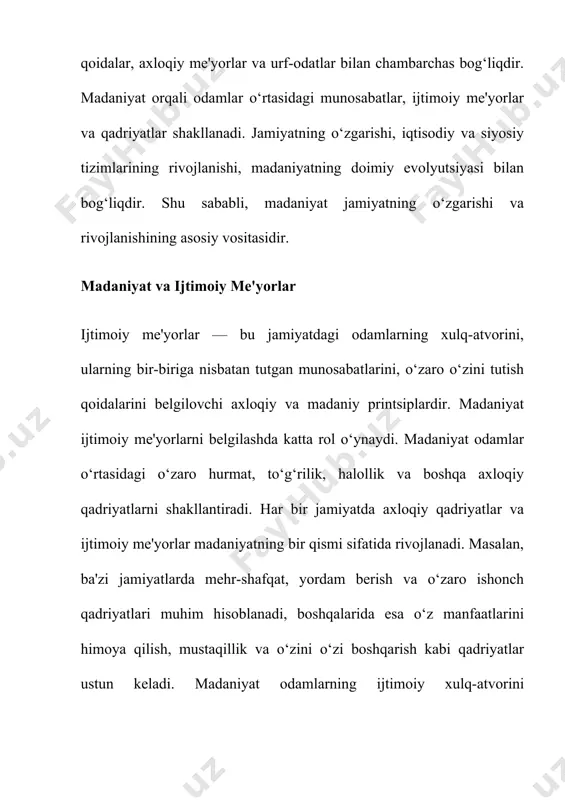 adi. siyosiy tizimlar jamiyatda hukumatning qanday faoliyat yuritishini, ijtimoiy tenglikni qanday ta'minlashni va ijtimoiy muammolarni qanday hal qilishni belgilaydi. madaniyatning siyosatdagi o‘rni, ayniqsa, demokratik jamiyatlarda sezilarli bo‘ladi. demokratik jarayonlar, fuqarolik huquqlari va erkinliklar madaniyatning asosiy qadriyatlari bilan bog‘liq. madaniyat siyosiy vakolatlarni qanday taqsimlashni, jamiyatdagi fuqarolarni qanday o‘zgartirish va qanday demokratik jarayonlarni rivojlantirishni belgilaydi. 2.dinning axloqiy tamoyillarga ta'siri din va axloq — har bir jamiyatning asosiy ijtimoiy tuzilmalari bo‘lib, ular o‘zaro chambarchas bog‘liqdir. din, o‘zining asosiy tamoyillari, qoidalari va e'tiqodlari orqali, jamiyatda axloqiy me'yorlarni shakllantiradi. axloq esa, diniy e'tiqodlar va amallarni kundalik hayotda qanday amalga oshirishni belgilaydi. din va axloq o‘rtasidagi munosabatlar, ayniqsa, odamlarning to‘g‘ri xulq-atvorini shakllantirishda muhim rol o‘ynaydi. dinning axloqiy tamoyillariga ta'siri shunchalik kuchli bo‘ladiki, u faqat shaxsiy hayotda emas, balki butun jamiyatning ijtimoiy, siyosiy va iqtisodiy hayotida ham chuqur iz qoldiradi. ushbu maqolada dinning axloqiy tamoyillarga ta'siri va uning jamiyatdagi axloqiy qadriyatlar va me'yorlarga qanday ta'sir ko‘rsatishi keng …