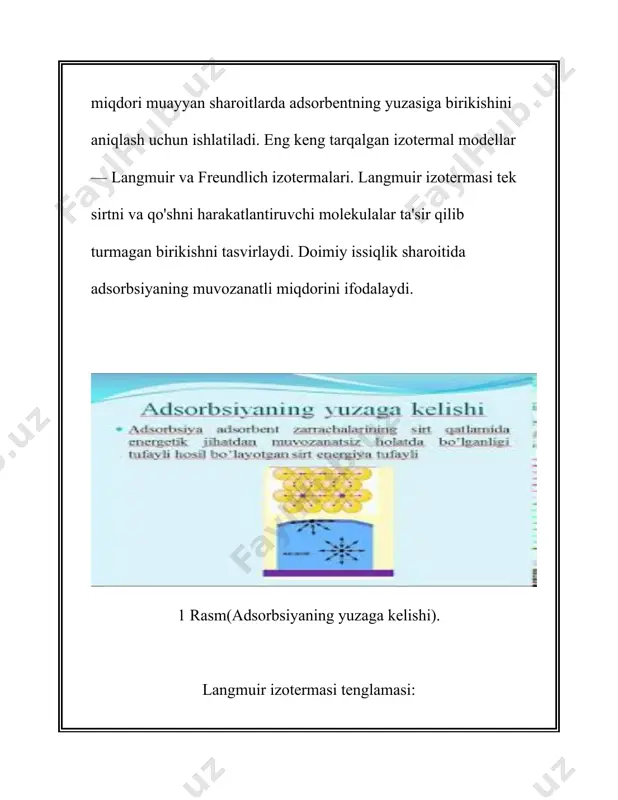 i va \( 1/n \) – empirik ko'rsatkich. desorbsiya jarayoni esa aksincha yuzasidan moddalarning chiqib ketishi jarayonidir. bu jarayon ko'pincha issiqlik, vakuum va boshqa energiya turlarining qo'llanilishi orqali amalga oshiriladi. desorbsiya jarayoni gazlar yig'ilishida keng qo'llaniladi, masalan, gaz sig'adigan silindrlar yoki katalizatorlar yuzasida yig'ilgan moddalardan tozalash paytida. adsorbsiya va desorbsiya jarayonlari kimyo sanoatida, masalan, aktivlashtirilgan uglerod yordamida turli moddalardan tozalash, hava filtratsiyasi va gazlarni ajratish uchun muhimdir. aktivlangan uglerodning yuqori yuzasi va mikroporoz strukturasini hisobga olib, bu adsorbent ko'pincha kiruvchi moddalarni tozalashda samaraliroq bo'ladi. misol uchun, suvdan organik ifloslantiruvchi moddalarni olib tashlashda aktivlangan uglerod adsorbent sifatida keng qo'llaniladi. amaliyotda bu jarayonlarning samaradorligini oshirish uchun turli materiallar va texnologiyalar ishlab chiqiladi. xususan, nanomateriallar, masalan, uglerod nanotubalari va grafen, adsorbent sifatida katta potensialga egadir, chunki ular katta yuzaga va kimyoviy o'zgarishlarni kiritish qobiliyatiga ega. umuman olganda, adsorbsiya va desorbsiya jarayonlari o'zining keng doiradagi qo'llanilish maydoni tufayli hozirgi vaqtda yangi materiallar va texnologiyalarni …