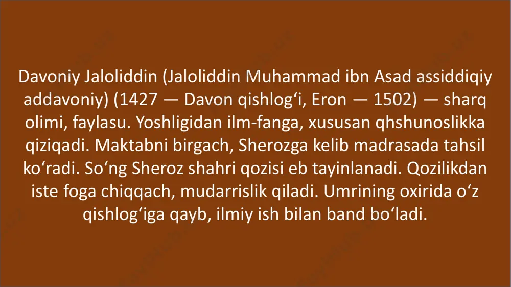 da muallif arastu, aflotun, ibn miskaveyx, abu nasr forobiy, ibn sino va nasriddin tusiylarning axloqiy taʼlimotlaridan foydalangan. risola uch qismdan iborat. muallif birinchi qismda xulqiy tarbiya va axloqiy xislatlarni egallash haqida soʻz yuritib, axloqning asosiy tushunchalari: donolik, adolat, shijoat va iffatga mufassal toʻxtaladi, axloq ilmining maqsad va vazifalarini belgilab beradi. ikkinchi qism oila va oilaviy hayot masalalariga bagʻishlangan. unda bolalarni tarbiyalash va kamolga yetkazish, kasbhunarni egallash, xulq-odob qoidalari, nutq madaniyati va b. yoritiladi. uchinchi kiyem ijtimoiy-siyosiy masalalarga bagʻishlangan. unda shahar, yaʼni davlatda yashovchi xalqlar, davlat boshligʻi va fuqarolarning oʻzaro munosabati, jamiyat haqida fikr-mulohazalar oʻrin egallagan. risola keyingi davrlarda yaqin va oʻrta sharq mamlakatlarida keng tarqaldi. u eron, hindiston, arab mamlakatlari, movarounnahr va xurosonda maktab va madrasalarda asosiy qoʻllanma vazifasini oʻtagan. это изображение, автор: неизвестный автор, лицензия: cc by-sa-nc e’tiboringiz uchun rahmat! image1.jpg image2.jpeg image3.jpeg image4.jpg /docprops/thumbnail.jpeg