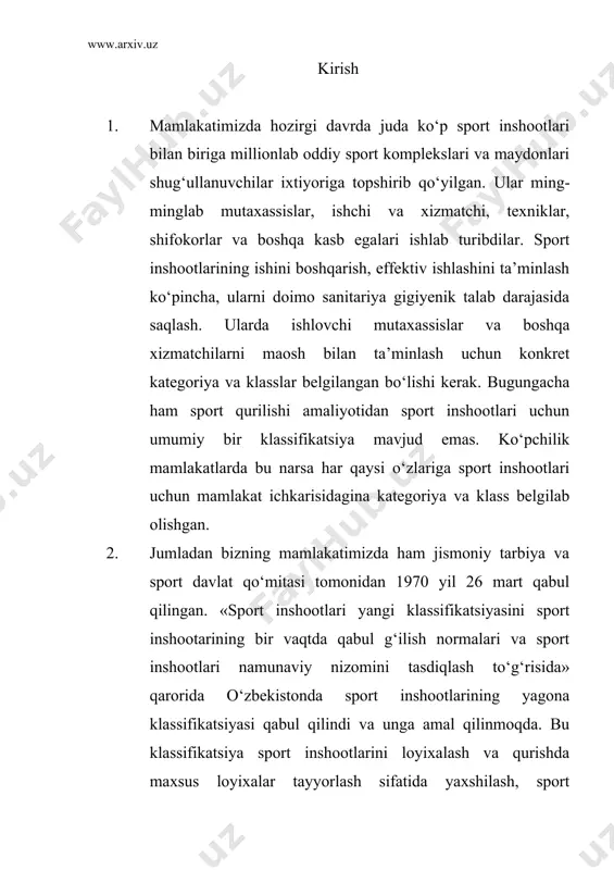 moqda. 3. sport inshooti bu maxsus qurilgan va shunga muvofiq jixozlangan ochiq yoki yopiq tipdagi inshoot bo‘lib, sportning har xil turidan o‘quv-trenirovka protsessini tarmoqlari, bu turmush, madaniy va sog‘lomlashtirish ishlarni shaxar va qishloq axolisini o‘rtasida olib borishga xizmat qiladi. 4. axoli yashash punktlari qurilishi strukturasi rejalari asosida qurilgan sport inshootlari quyidagicha bo‘linadi: 5. mikrorayonlarda (mikrorayon, turar joylar va ayrim uylar, maxala qoshidagi). 6. tumanlardagi (tuman axolisiga xizmat qiladi). 7. tumanlararo (bir necha axoli yashaydigan tumanlar o‘rtasidagi). 8. umumiy shaxar uchun (barcha shaxar yoki posyolka aholisiga xizmat qiladi). foydalanish xarakteri va xususiyatiga qarab quyidagilarga bo‘linadi: 1. o‘quv-sport inshootlari, faqat o‘quv – sport protsessii uchun mo‘ljallangan. 2. namoyish inshootlari, tomoshabinlar ishtirokida musobaqa o‘tkazishga mo‘ljallangan. 3. axoli dam olishi uchun mo‘ljallangan. o‘quv sport inshootlariga o‘quv yurtlari, maktablar, litsey, kollejlar, institutlar va katta sportchilar tayyorlash o‘quv sport markazlari bazalari kiradi. tomoshabinlar uchun maxsus joylar mavjud inshoot namoyish (demonstratsion) inshootlari deb ataladi. bularga stadionlar, sport …