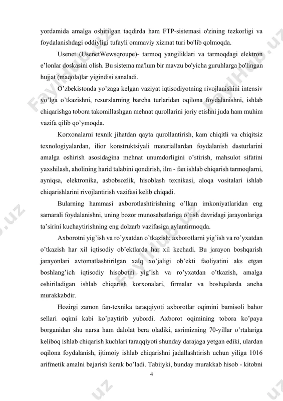 alar va boshqalarda ancha murakkabdir. hozirgi zamon fan-texnika taraqqiyoti axborotlar oqimini bamisoli bahor sellari oqimi kabi ko’paytirib yubordi. axborot oqimining tobora ko’paya borganidan shu narsa ham dalolat bera oladiki, asrimizning 70-yillar o’rtalariga keliboq ishlab chiqarish kuchlari taraqqiyoti shunday darajaga yetgan ediki, ulardan oqilona foydalanish, ijtimoiy ishlab chiqarishni jadallashtirish uchun yiliga 1016 arifmetik amalni bajarish kerak bo’ladi. tabiiyki, bunday murakkab hisob - kitobni cho’t qoqib amalga oshirib bo’lmaydi. 10 milliard kishi bir yil davomida tinmay ishlagan taqdirdagina shuncha arifmetik amalni yecha olishi mumkin. odamlarni ijtimoiy-iqtisodiy va ma’naviy muammolarni hal etishga safarbar qilmoq uchun tegishli axborotlarni o’z vaqtida to’plab, qayta ishlab, muayyan bir tartibga solish va zudlik bilan kishilarga yetkazish kerak bo’ladi. buning uchun jamiyatni axborotlashtirish dasturini amalga oshirish va ilg’or axborot texnologiyasini joriy etish zarur. axborot texnologiyasi-bu usullar tizimi va axborotlarni yig’ish, saqlash, izlash, qayta ishlash, uzatish yo’lidir. u informatikaning predmeti hisoblanadi hamda boshqaruv amaliyotini o’tkazishni, ishlab chiqarishni boshqarishni, ilmiy izlanishlar …