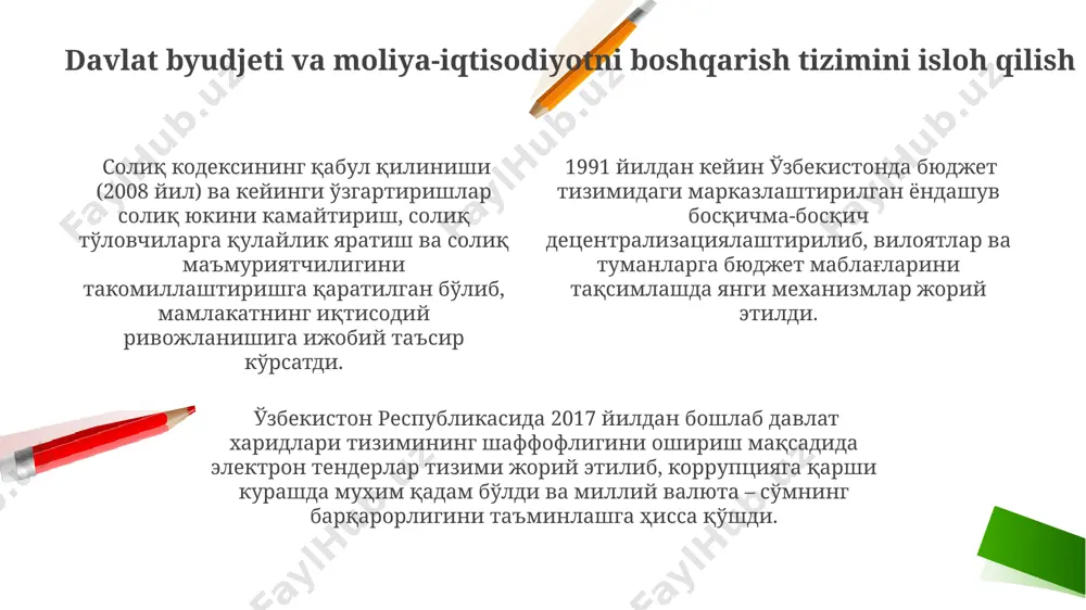 i isloh qilish bo‘yicha 2010-2020 yillar davomida 15 dan ortiq muhim qonunlar qabul qilinib, sudlarning mustaqilligi va adolatli sudlovni ta’minlashga qaratilgan islohotlar amalga oshirilgan. mustaqillik yillarida o‘zbekistonda korruptsiyaga qarshi kurashni kuchaytirish maqsadida 200 dan ortiq qonun hujjatlari qabul qilingan bo‘lib, ularning 30 foizi jinoyat va ma’muriy javobgarlikni kuchaytirishga qaratilgan. 2017-yildan boshlab o‘zbekiston respublikasida korruptsiyaga qarshi kurash bo‘yicha milliy strategiya qabul qilinib, uning doirasida 5 ta asosiy yo‘nalish bo‘yicha 100 dan ortiq tadbirlar amalga oshirilgan. toshkent shahri bunday islohotlarning markazida bo‘lgan. hududiy boshqaruv va hududiy birliklarni rivojlantirish қорақалпоғистон республикасининг ўзига хос ҳуқуқий мақомини мустаҳкамлаш ва унинг иқтисодий ривожланишини таъминлашга қаратилган 20 дан ортиқ қонун ва фармонлар қабул қилинди. ўзбекистон мустақиллигидан кейинги йилларда 14 та вилоят ва тошкент шаҳрини ўз ичига олган маъмурий-ҳудудий тузилишда сезиларли ўзгаришлар амалга оширилди. 1990-йиллардан бошлаб, маҳаллий бюджетларнинг молиявий мустақиллигини оширишга қаратилган ислоҳотлар натижасида, ҳудудий бирликларга кўпроқ ваколатлар берилди, масалан, солиқларни йиғиш ва тақсимлашда. tashqi siyosat va xalqaro …
