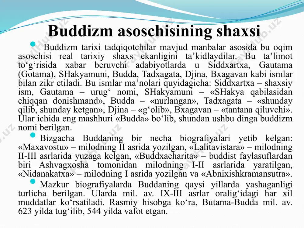 a qildi va ular buddaning birinchi shogirdlari bo‘ldilar. shu kundan boshlab budda o‘z shogirdlari bilan qishloqma-qishloq yurib, o‘ziga yangi izdoshlar orttiradi. budda 40 yil mobaynida hindistonning turli joylarida bo‘ladi, odamlarga o‘z g‘oyalarini etkazadi, singdiradi va 80 yoshida kushtnagara degan joyda dunyodan o‘tadi. uning jasadi, hind udumiga ko‘ra, kuydirilib, xoki 8 ta buddist jamoalariga bo‘lib yuborildi va har bir jamoa uni dafn etgan joyida ibodatxona (stupa) barpo etdi. buddaning hayoti haqida turli asotirlar paydo bo‘ldi. ularda aytilishicha, budda ko‘p yillar davomida yer yuzidagi turli mavjudotlar qiyofasida qayta tug‘ilgan: ruhoniy, shoh, rohib, savdogar, maymun, tovuq, g‘oz, fil, baliq, qurbaqa, kalamush, quyon qiyofalarida qayta tug‘ilgan. jami 550 marta qayta tug‘ilgan. u doimo qaerda, qay qiyofada tug‘ilishini o‘ziga o‘zi belgilagan. so‘nggi marta uni xudolar insoniyatni to‘g‘ri yo‘lga boshlashi uchun inson qiyofasida yaratganlar. bu afsonalarning ba’zilariga ko‘ra, yer yuzida gautamaga qadar 6 ta budda o‘tgan. shuning uchun buddizmning ba’zi muqaddas joylarida 7 ta ibodatxona barpo …