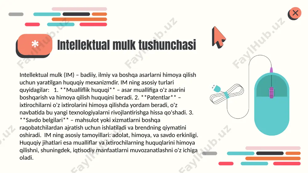 di. photo by mikhail fesenko on unsplash xulosa 1. intellektual mulk (im) mualliflik huquqi, patentlar va savdo belgilari orqali ijodiy ishlarni himoya qiladi. 2. im ning iqtisodiy va ijtimoiy ahamiyati innovatsiyalarni qo'llab-quvvatlashda muhim rol o'ynaydi. 3. himoya usullari: patentlar va mualliflik huquqlari orqali ijodiy ishlarga himoya ta'minlanadi. 4. iqtisodiy ta'siri: im tadbirkorlik va iqtisodiy rivojlanishda muhim ahamiyatga ega. 5. kelajak: intellektual mulkni rivojlantirish iqtisodiy o'sishga ijobiy ta'sir ko'rsatishi kutilmoqda. foydalanilgan adabiyotlar 1. abdullayeva, d. a. intellektual mulkning iqtisodiy ahamiyati. o‘zbekiston respublikasi fanlar akademiyasi, 2023 2. rahimov, m. x. intellektual mulkni himoya qilish: nazariy va amaliy jihatlar. o‘zbekiston respublikasi oliy va o‘rta maxsus ta’lim vazirligi, 2022 3. khamraev, a. intellektual mulk va innovatsiyalar: iqtisodiy rivojlanish uchun yangi imkoniyatlar. toshkent davlat iqtisodiyot universiteti, 2021 4. xodjayeva, s. intellektual mulk va tadbirkorlik: zamon talablariga javob berish. o‘zbekiston respublikasi tadbirkorlik va innovatsiyalar vazirligi, 2023 5. murodov, b. intellektual mulkni himoya qilish usullari: amaliyot va …