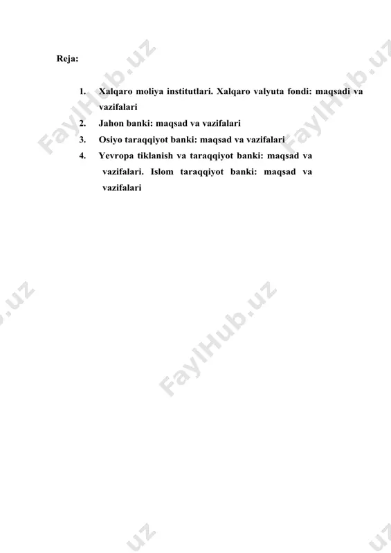 n “fargonazot” aj ustav kapitalidagi aksiyalar paketini xususiylashtirish bo‘yicha kelishuv muvaffaqiyatli erishilganini qayd etdi. shuningdek, “navoiyazot” ajni xususiylashtirish bo‘yicha keyingi chora-tadbirlar va hamkorlikning boshqa istiqbolli yo‘nalishlarini ishlab chiqish bo‘yicha maslahat yordami. xalqaro moliya korporatsiyasi va boshqa xalqaro rivojlanish moliya institutlari faoliyatini toʻldiradi. ushbu maqsadga erishish uchun boshqa a'zo davlatlardan har qanday a'zo davlatga kiritilgan investitsiyalarga nisbatan notijorat risklardan qo'shma sug'urta va qayta sug'urtalashni o'z ichiga olgan kafolatlar beradi. seul konventsiyasining 11-bandiga binoan, ikka investorlarga quyidagilar bilan bog'liq xavflarni qoplashni kafolatlashi mumkin: · valyutani qabul qiluvchi davlatdan tashqariga o'tkazish bo'yicha cheklovlar; · ekspropriatsiya va shunga o'xshash choralar; · qabul qiluvchi davlatning kafillik egasi bilan shartnoma tuzishdan bosh tortishi yoki bunday kelishuvni buzganligi; 1. xalqaro moliya institutlari. xalqaro valyuta fondi: maqsadi va vazifalari. xalqaro moliya korporatsiyasi (xmk) 1956 yilda taraqqiy etayotgan mamlakatlarda xususiy sektorni barqaror rivojlanishini rag‘batlantirish, ularda kambag‘allik miqyosini qisqartirish va shu mamlakatlarda aholi turmush darajasini oshirish maqsadida aqsh tashabbusi bilan …
