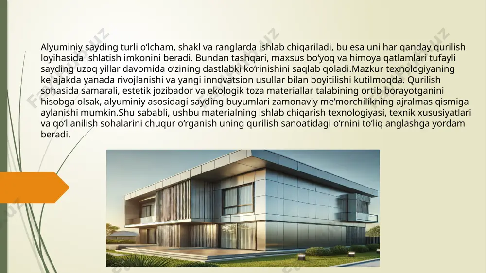 ion pechlar yoki gazli pechlararalashmalarni yo‘qotish uchun maxsus filtrlash tizimlari qo‘llanadi. eritilgan alyuminiyni quyish va prokatlash alyuminiy qalinligi 4-6 mm bo‘lgan listlar shaklida quyiladi prokat mashinalarida bosim ostida yupqalash jarayoni amalga oshiriladiyakuniy qalinlik: 0,5 – 1,2 mm bo`ladi. 7 prokatlash va shakl berishushbu bosqichda alyuminiy listlariga kerakli qalinlik va shakl beriladi. sovuq prokatlashprokatlash jarayoni orqali metall listlar yupqalashadiqalinlik: 0,3 – 1,2 mmchidamlilikni oshirish uchun qotishma tarkibi nazorat qilinadi. yuzani silliqlash va tekislashsirtning tekis va porloq bo‘lishi uchun maxsus rulonlar orqali tekislanadiqo‘shimcha mustahkamlik berish uchun bosim ostida maxsus struktura berilishi mumkin. profil shakllantirish (ekstruziya jarayoni)alyuminiy listlar maxsus shakldagi qoliplardan o‘tkaziladisaydingning klassik yoki maxsus dizayn shakllari hosil qilinaditayyor profil kengligi: 100 – 300 mmbo`ladi. himoya va dekorativ qoplamalar qo‘llashalyuminiy sayding bardoshli bo‘lishi va estetik ko‘rinishi uchun maxsus qoplamalar bilan ishlanadi.anodlash (korroziyaga qarshi himoya)elektroximik jarayon orqali alyuminiy yuzasida oksid qatlami hosil qilinadi. oksid qoplamasi qalinligi: 10 – 25 mikronmaterialni zanglash va kimyoviy ta’sirlarga …