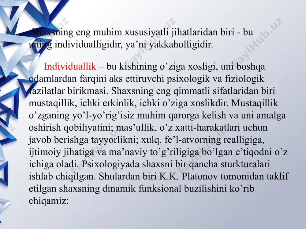 . a. furnham va p.xeyven, ular amalga oshiradigan yondashuvlarga ko'ra nazariya turlari: yashirin yoki konstruktiv (shaxs insonning ichida emas, balki odamlar va odamlar o'rtasida sodir bo'layotgan voqealarga bog'liq); ilmiy bo'lmagan nuqtai nazar (belgilar nazariyalari); chastotali yondashuv (belgilar nazariyasidan farqli o'laroq, boshqa darajadagi individual farqlar ko'rib chiqiladi). shaxs nazariyalarini tahlil qilish (l. kjell, d. ziegler) inson tabiati haqidagi asosiy taxminlar: erkinlik - bu determinizm, ratsionallik - mantiqsizlik, holizm - elementalizm , konstitutsiyaviylik - ekologiya , o'zgaruvchanlik - o'zgarmaslik, sub'ektivlik - ob'ektivlik, proaktivlik - reaktivlik, gomeostaz , geterostaz kognitivlik - bilmaganlik shaxs nazariyalaridagi o'xshashliklar - individuallik va individual farqlarning muhimligini ta'kidlaydi; - l kuzatishlar natijasida olingan xulosalar asosidagi abstraksiya sifatida qaraladi; - l vaqt va muhitda nisbatan o'zgarmas va doimiy; - l evolyutsion jarayonda ichki va tashqi omillar ta'siri sub'ekti sifatida tavsiflanadi 2. uilyam jeyms shaxsi haqida tushuncha “an’anaviy psixologiya bu masalani daryo chelaklar, kosalar, chelaklar va suv solingan boshqa idishlardan iborat …